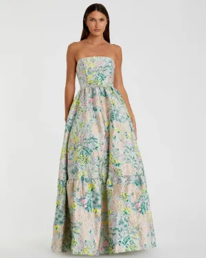 Floral strapless brocade A line gown - Pastel