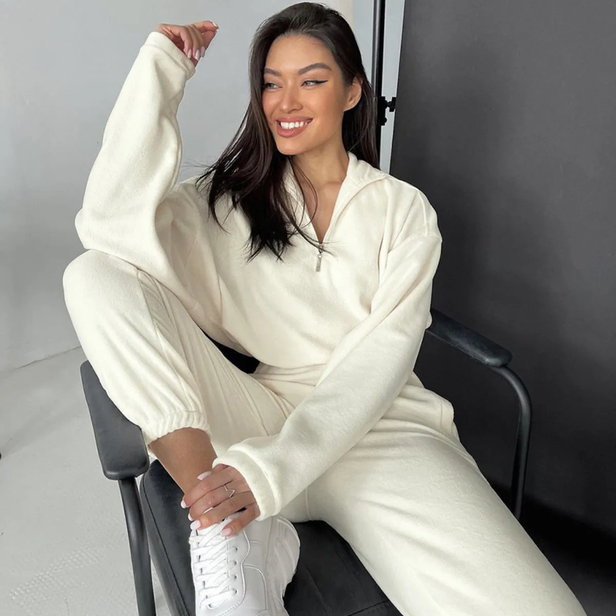 Fold-collar Sweatshirt&Trousers Casual 2Pcs