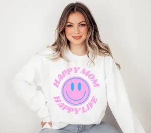 Happy Mom Happy Life Sweatshirt, Mother's Day Gift Sweatshirt, Mom Crewneck, Gift for Mom, Smile Face Trendy Crewneck, Mom's Day Gift