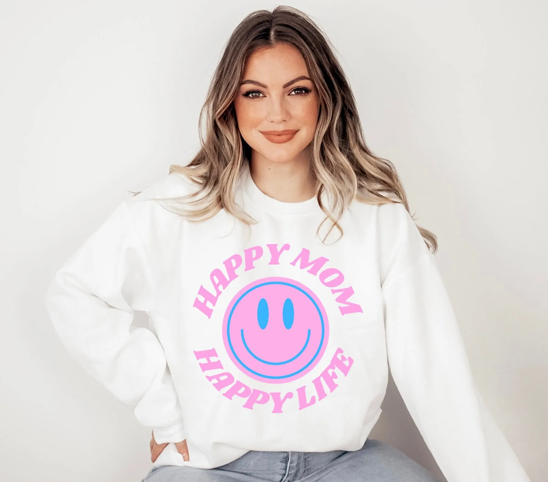 Happy Mom Happy Life Sweatshirt, Mother's Day Gift Sweatshirt, Mom Crewneck, Gift for Mom, Smile Face Trendy Crewneck, Mom's Day Gift