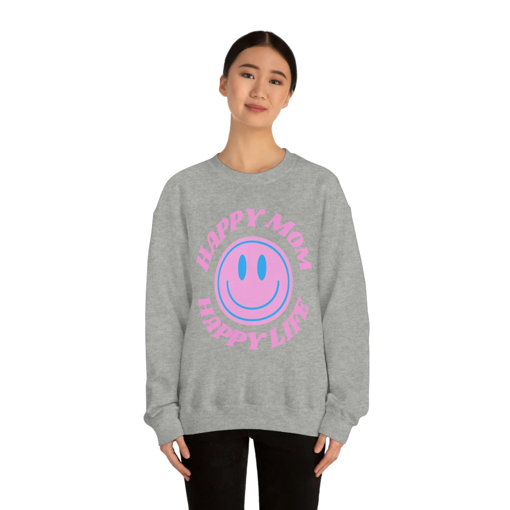 Happy Mom Happy Life Sweatshirt, Mother's Day Gift Sweatshirt, Mom Crewneck, Gift for Mom, Smile Face Trendy Crewneck, Mom's Day Gift