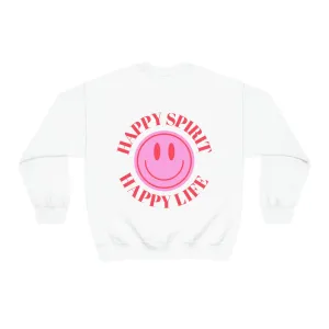 Happy Spirit Happy Life Sweatshirt, Gildan VSCO Girl Crewneck, Oversized Tumblr Front Back Print Smile Happy Mind Trendy Beach Lake Cover Up