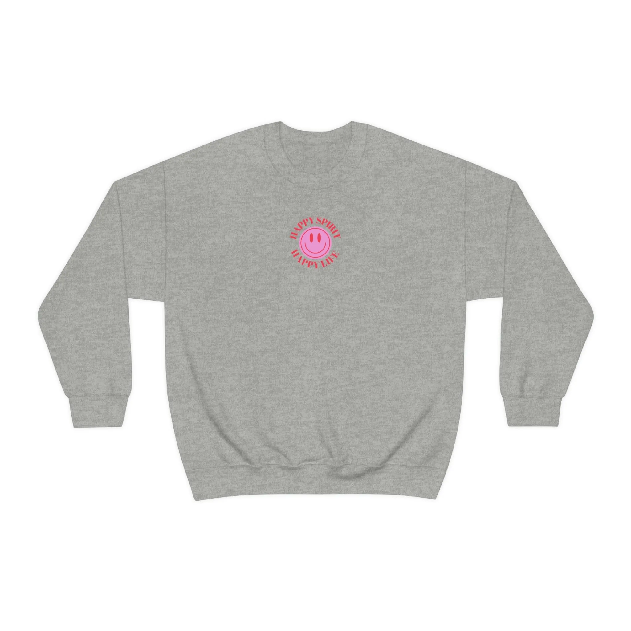 Happy Spirit Happy Life Sweatshirt, Gildan VSCO Girl Crewneck, Oversized Tumblr Front Back Print Smile Happy Mind Trendy Beach Lake Cover Up