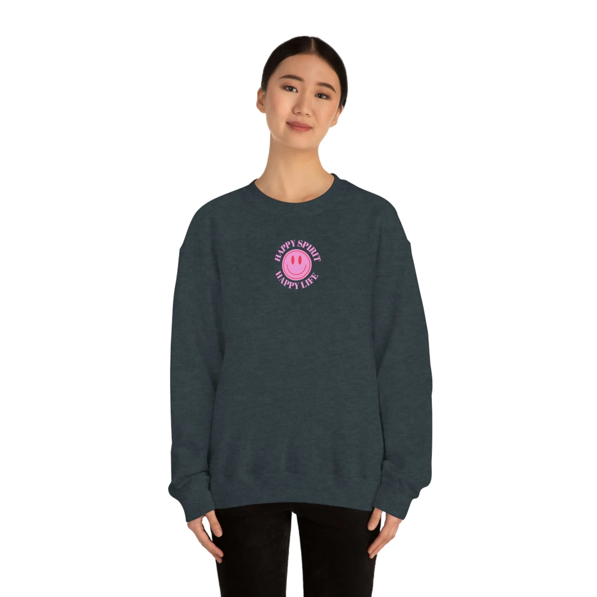 Happy Spirit Happy Life Sweatshirt, Gildan VSCO Girl Crewneck, Oversized Tumblr Front Back Print Smile Happy Mind Trendy  Loungewear