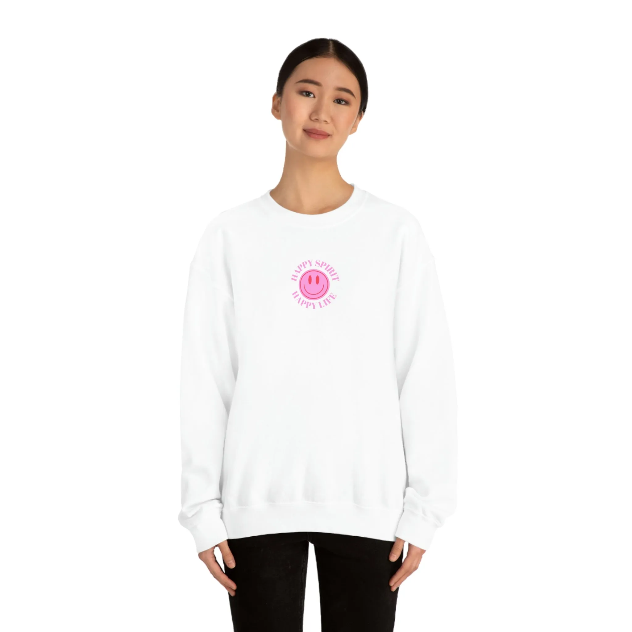Happy Spirit Happy Life Sweatshirt, Gildan VSCO Girl Crewneck, Oversized Tumblr Front Back Print Smile Happy Mind Trendy  Loungewear