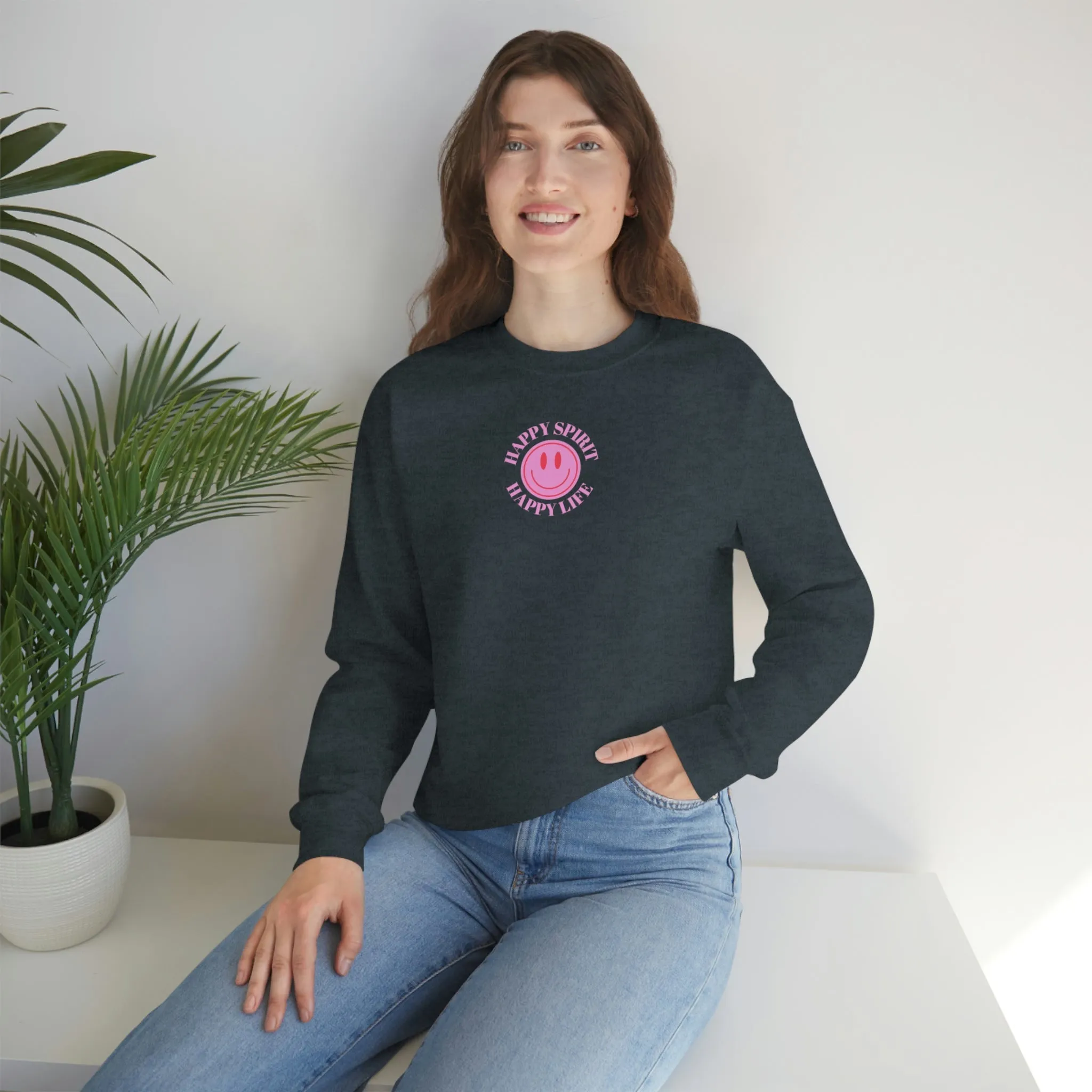 Happy Spirit Happy Life Sweatshirt, Gildan VSCO Girl Crewneck, Oversized Tumblr Front Back Print Smile Happy Mind Trendy  Loungewear