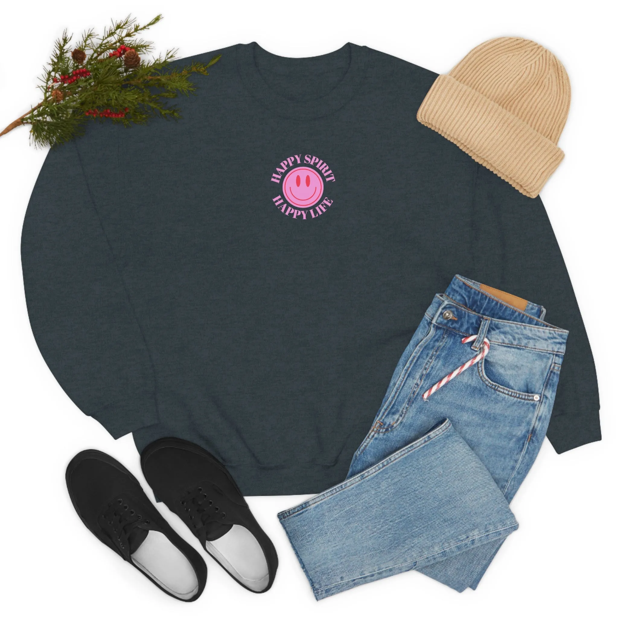 Happy Spirit Happy Life Sweatshirt, Gildan VSCO Girl Crewneck, Oversized Tumblr Front Back Print Smile Happy Mind Trendy Loungewear