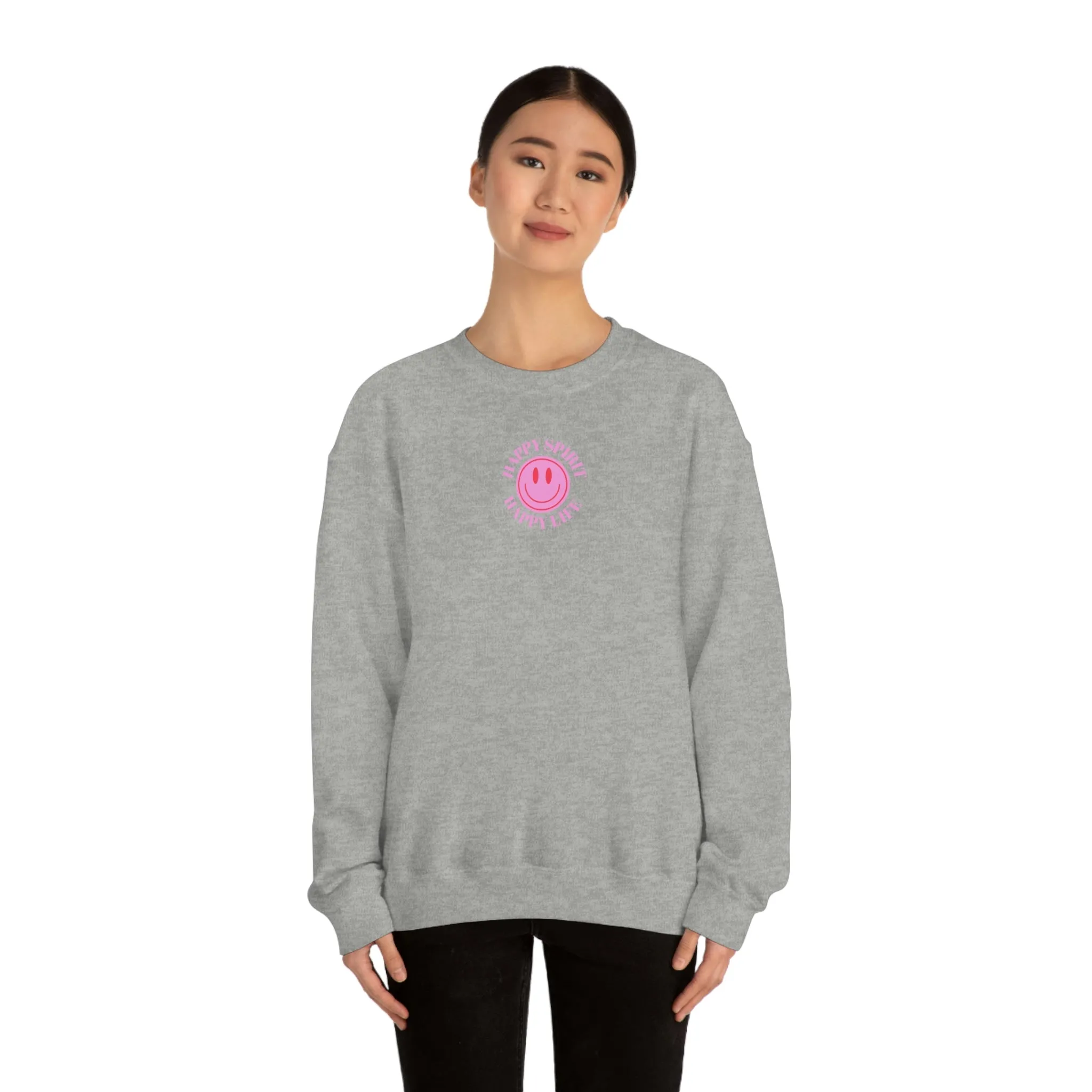 Happy Spirit Happy Life Sweatshirt, Gildan VSCO Girl Crewneck, Oversized Tumblr Front Back Print Smile Happy Mind Trendy  Loungewear