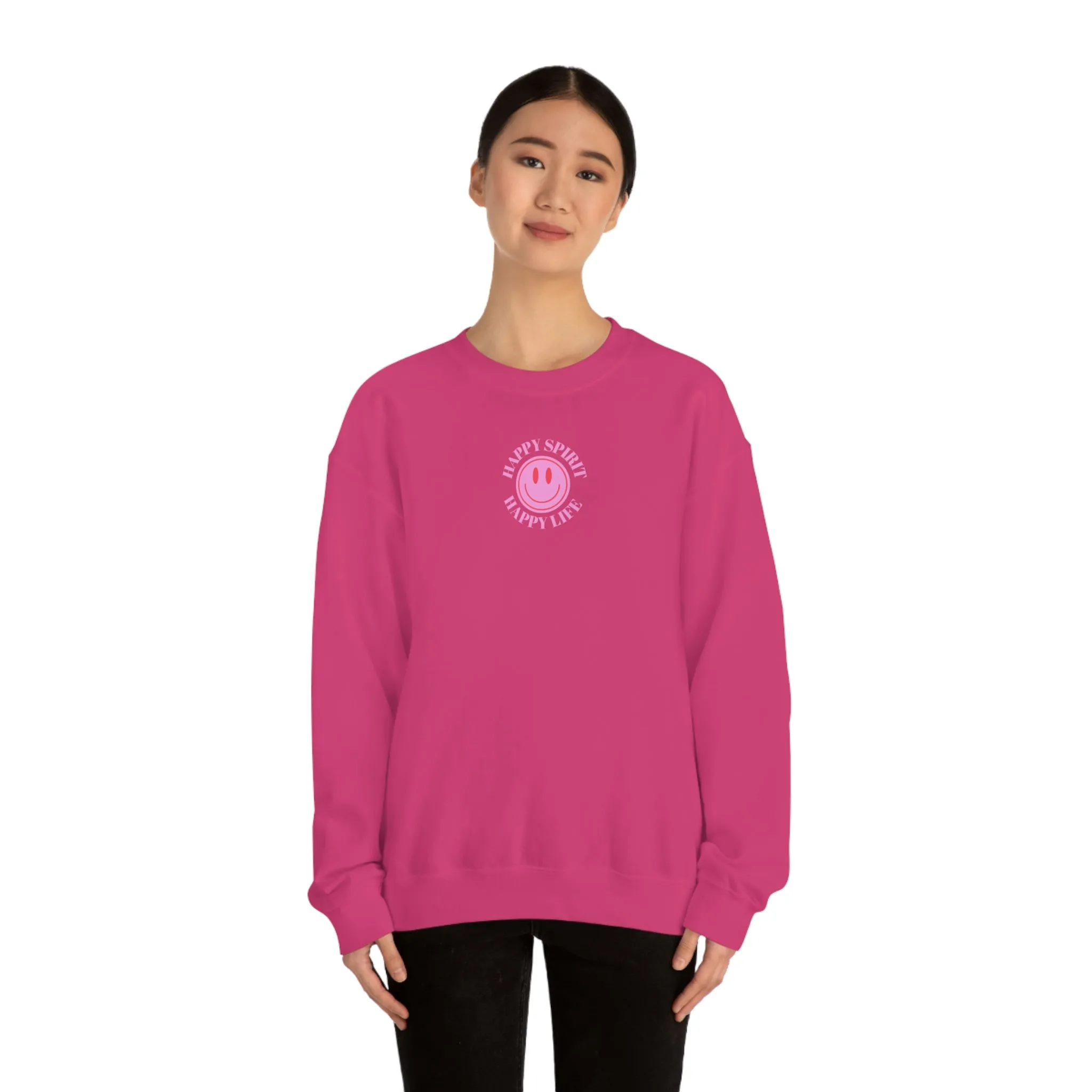 Happy Spirit Happy Life Sweatshirt, Gildan VSCO Girl Crewneck, Oversized Tumblr Front Back Print Smile Happy Mind Trendy  Loungewear