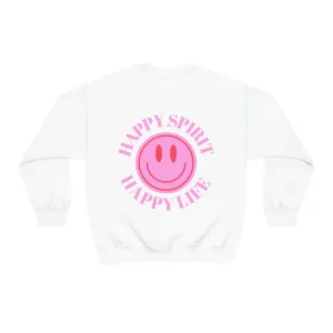 Happy Spirit Happy Life Sweatshirt, Gildan VSCO Girl Crewneck, Oversized Tumblr Front Back Print Smile Happy Mind Trendy  Loungewear