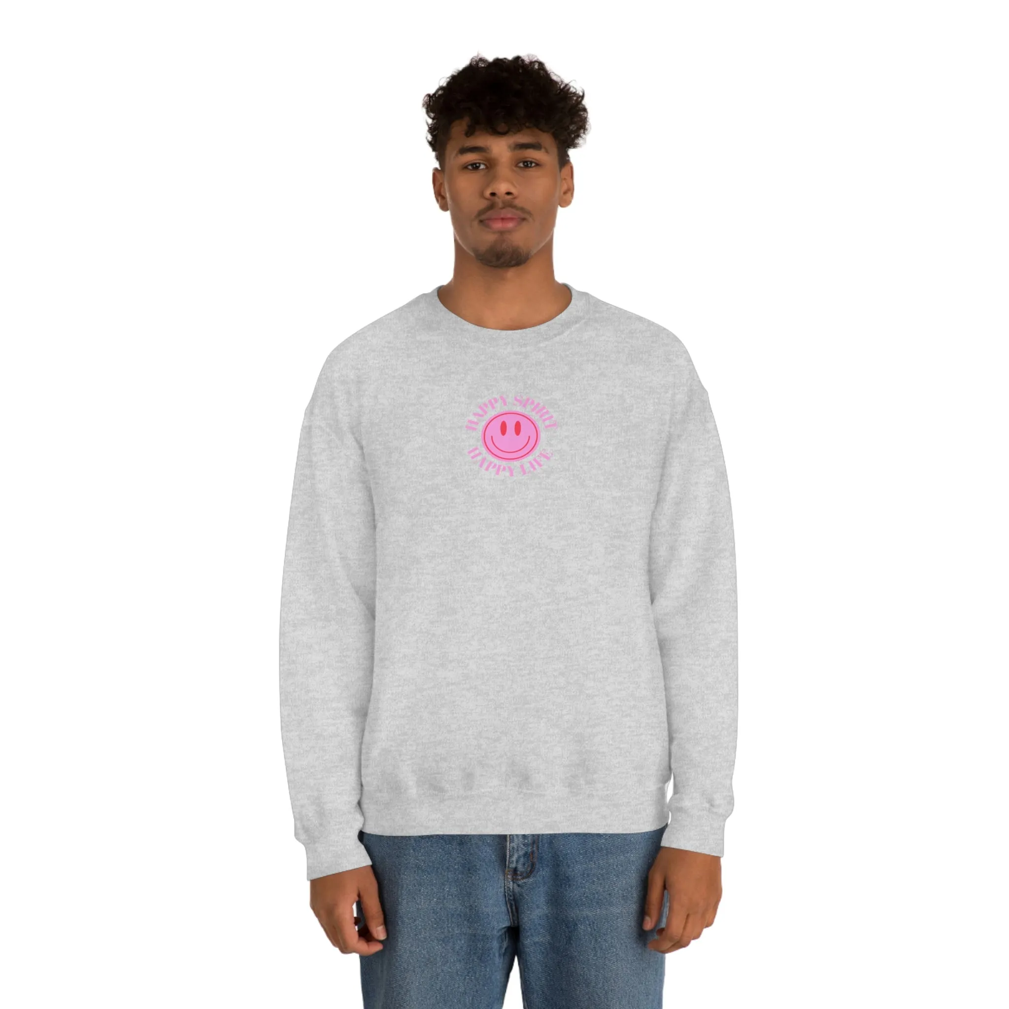 Happy Spirit Happy Life Sweatshirt, Gildan VSCO Girl Crewneck, Oversized Tumblr Front Back Print Smile Happy Mind Trendy  Loungewear