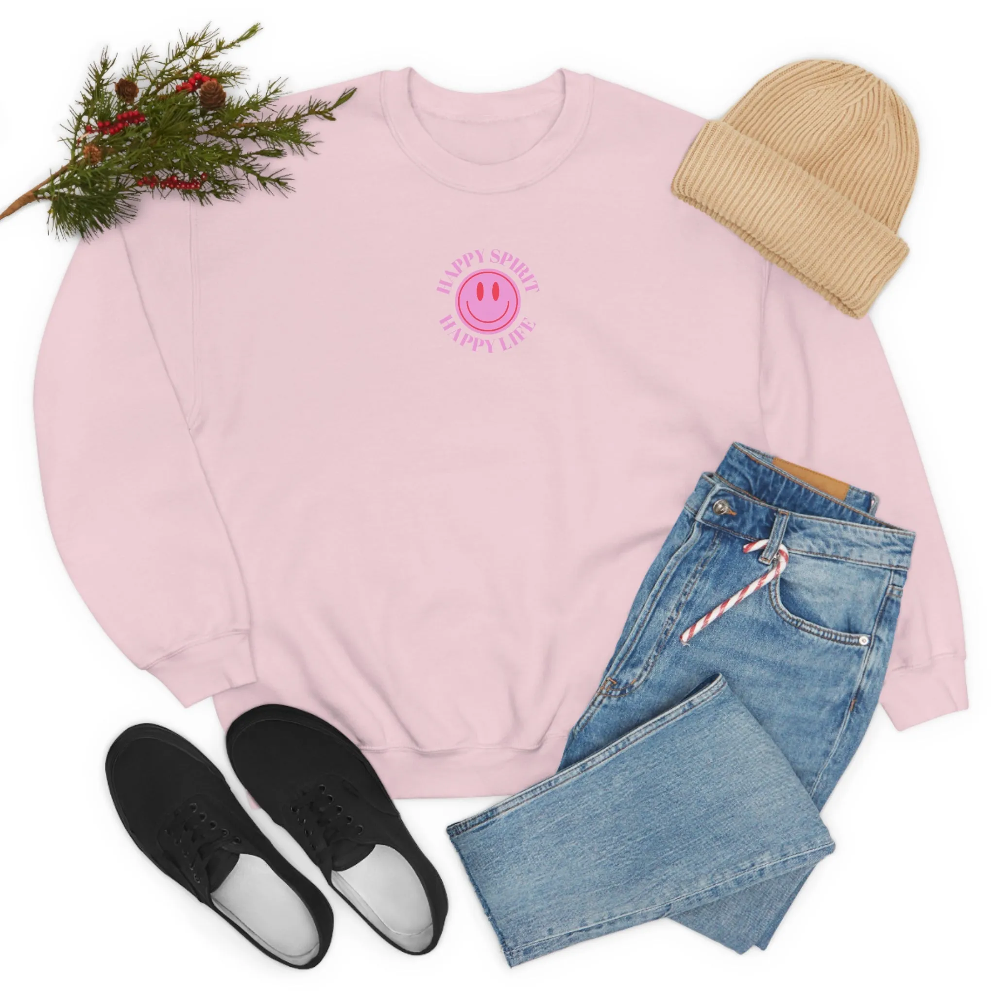 Happy Spirit Happy Life Sweatshirt, Gildan VSCO Girl Crewneck, Oversized Tumblr Front Back Print Smile Happy Mind Trendy Loungewear