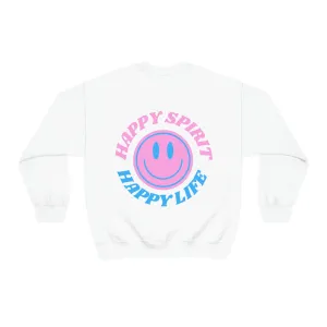Happy Spirit Happy Life Sweatshirt, Gildan VSCO Girl Crewneck, Oversized Tumblr Front Back Print Smile Happy Mind Trendy Retro Font Surf