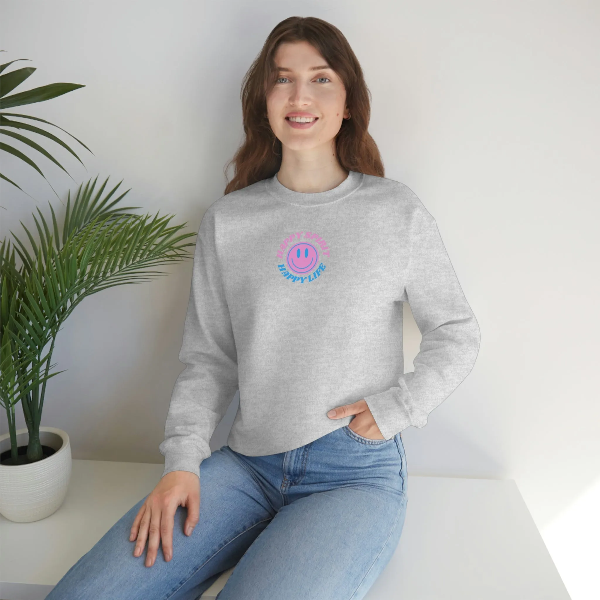 Happy Spirit Happy Life Sweatshirt, Gildan VSCO Girl Crewneck, Oversized Tumblr Front Back Print Smile Happy Mind Trendy Retro Font Surf