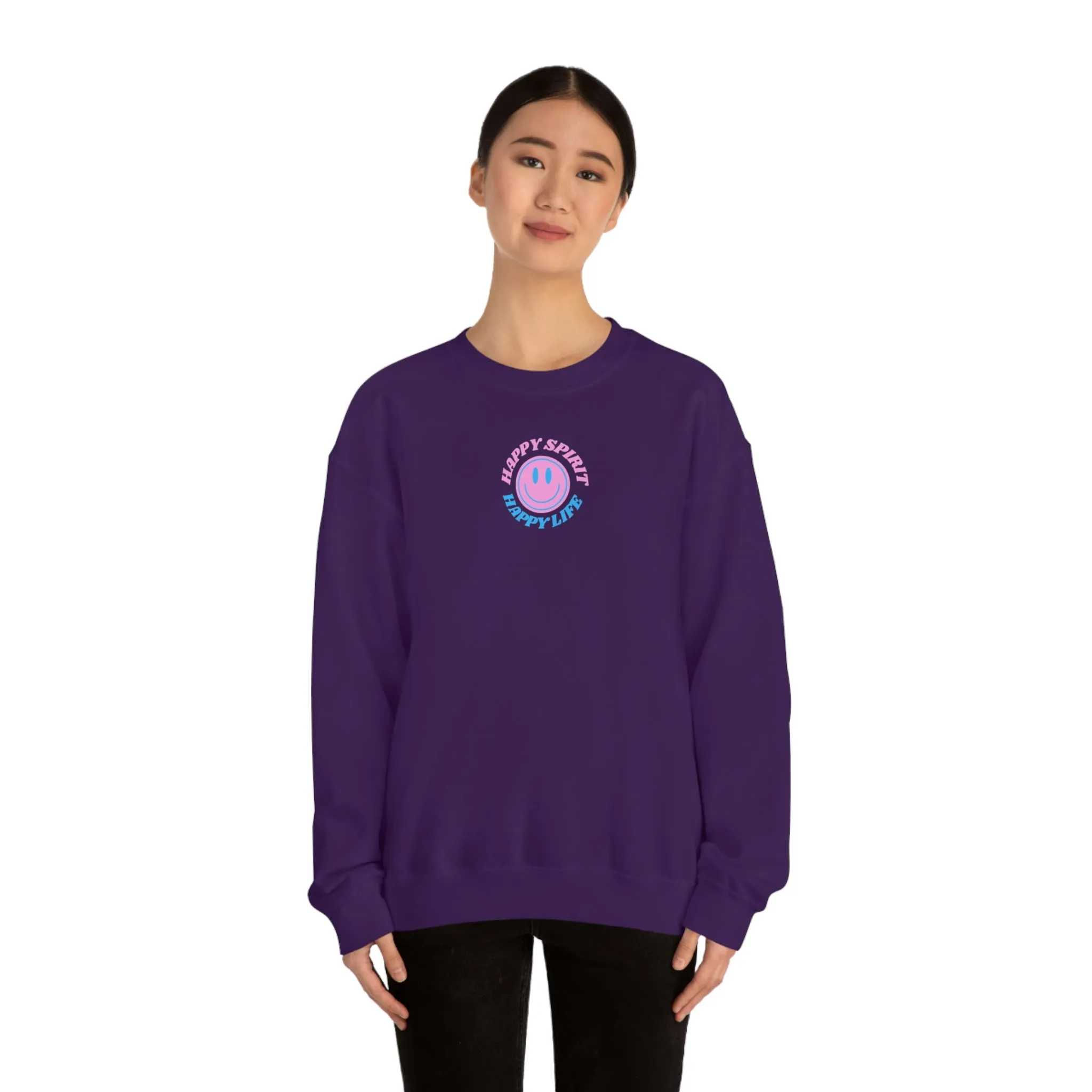 Happy Spirit Happy Life Sweatshirt, Gildan VSCO Girl Crewneck, Oversized Tumblr Front Back Print Smile Happy Mind Trendy Retro Font Surf