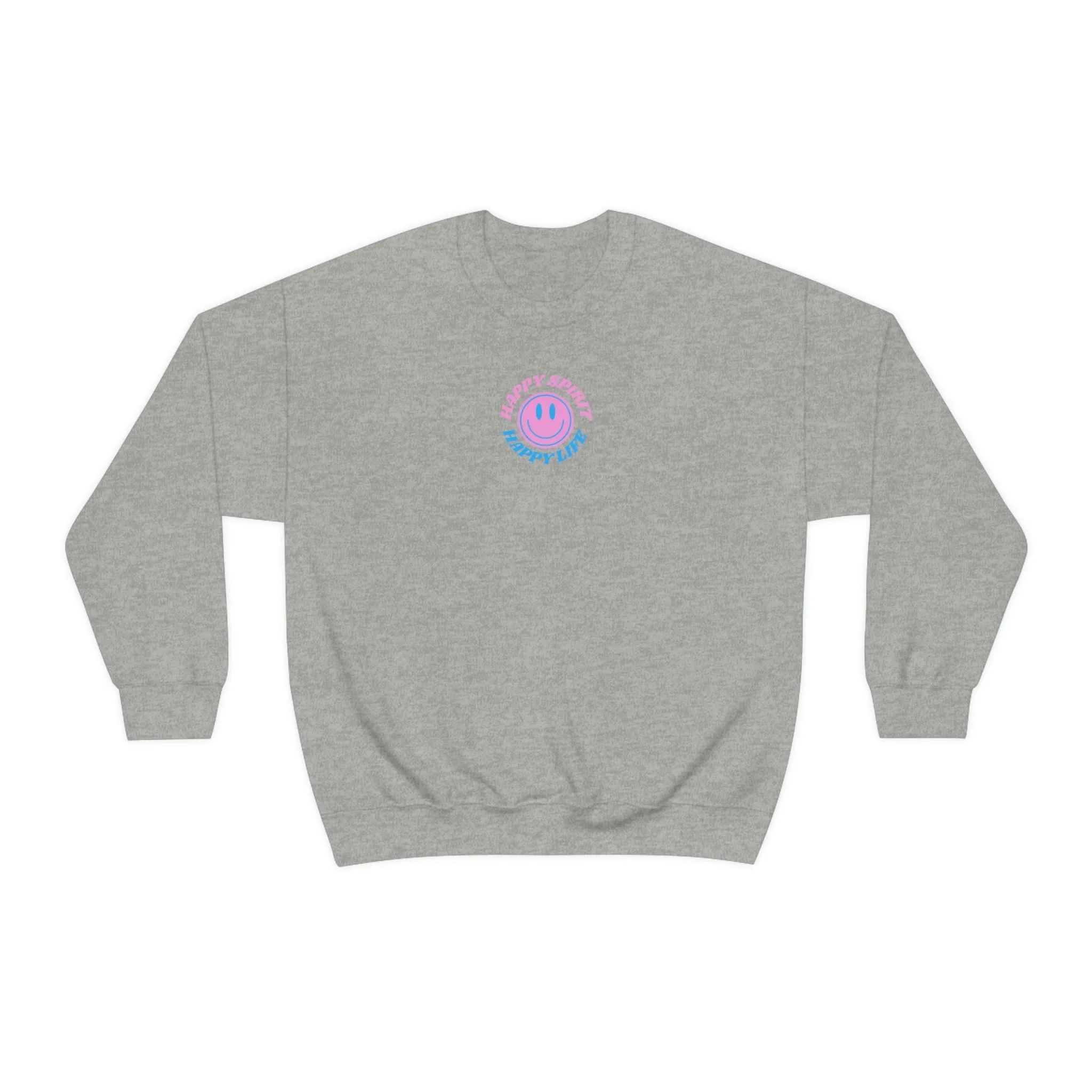 Happy Spirit Happy Life Sweatshirt, Gildan VSCO Girl Crewneck, Oversized Tumblr Front Back Print Smile Happy Mind Trendy Retro Font Surf