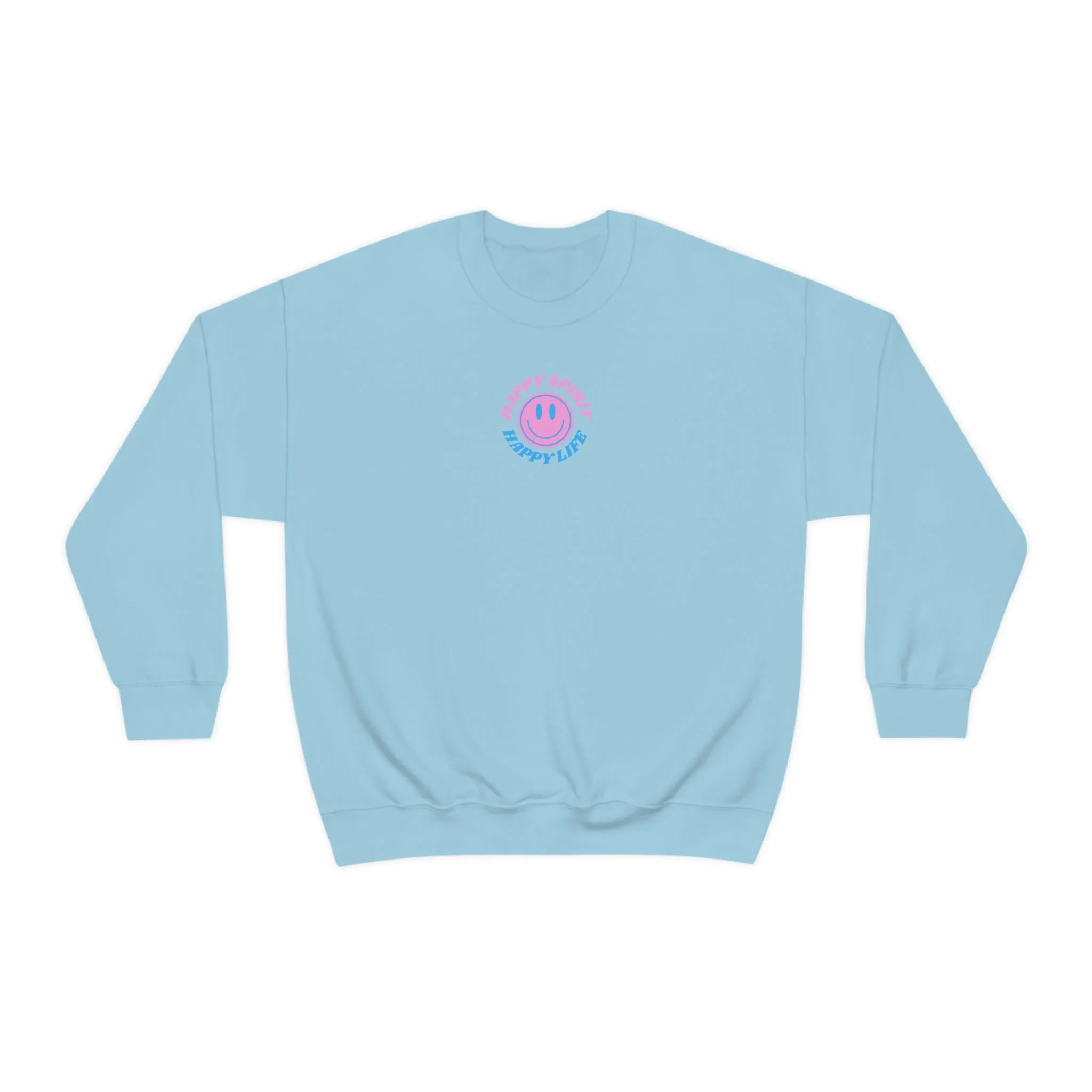 Happy Spirit Happy Life Sweatshirt, Gildan VSCO Girl Crewneck, Oversized Tumblr Front Back Print Smile Happy Mind Trendy Retro Font Surf