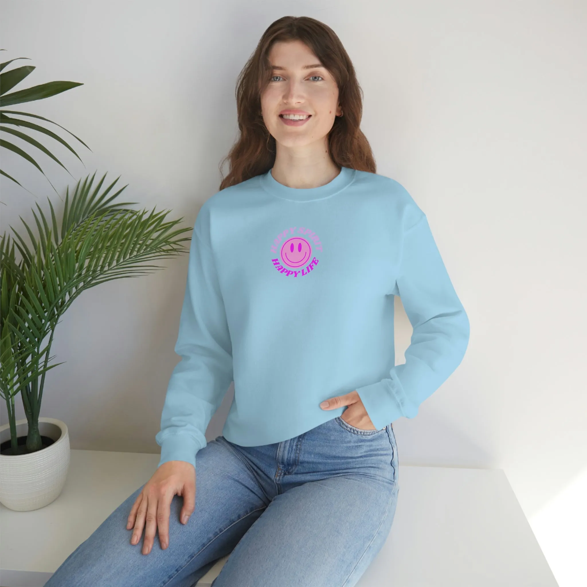 Happy Spirit Happy Life Sweatshirt, Gildan VSCO Girl Crewneck, Oversized Tumblr Front Back Print Smile Happy Mind Trendy Retro Surf Font