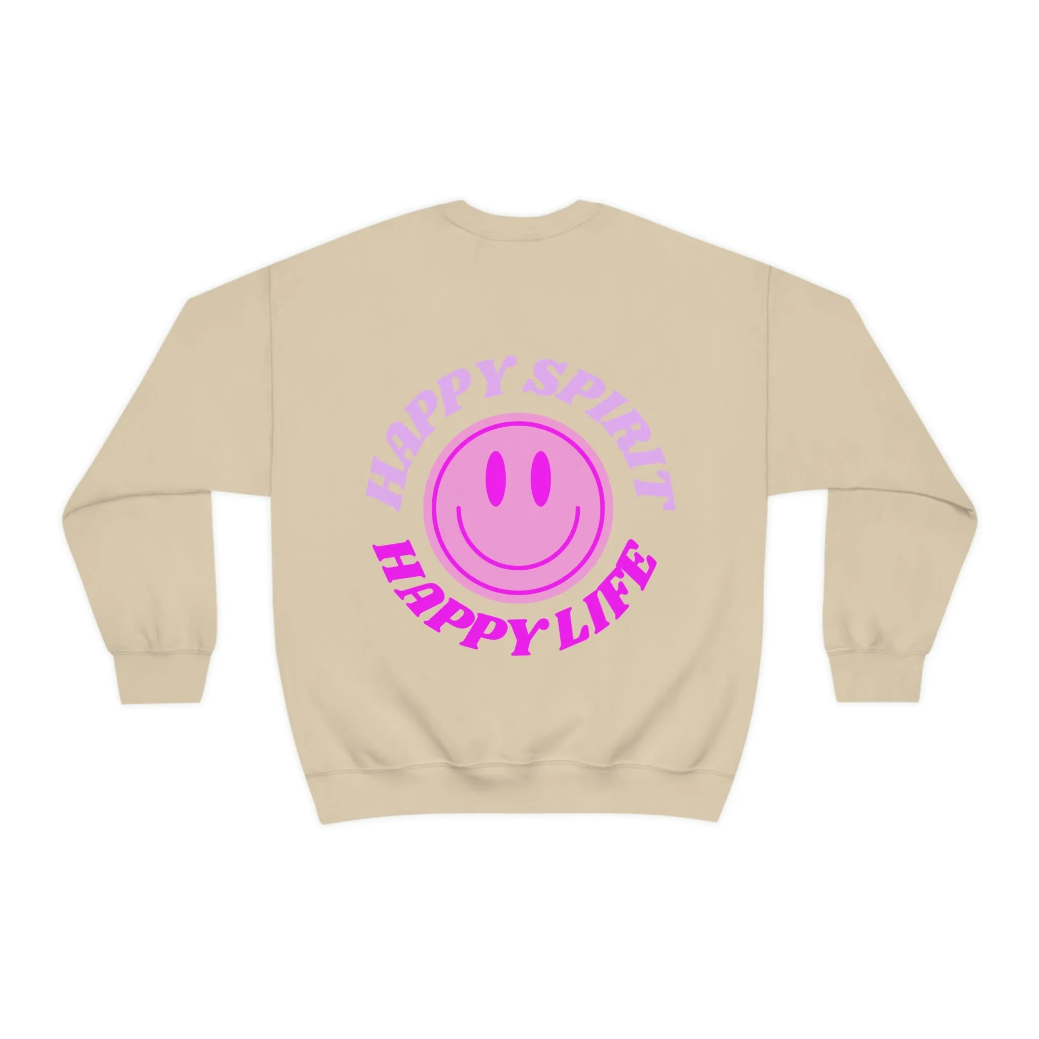 Happy Spirit Happy Life Sweatshirt, Gildan VSCO Girl Crewneck, Oversized Tumblr Front Back Print Smile Happy Mind Trendy Retro Surf Font