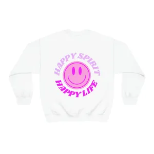 Happy Spirit Happy Life Sweatshirt, Gildan VSCO Girl Crewneck, Oversized Tumblr Front Back Print Smile Happy Mind Trendy Retro Surf Font