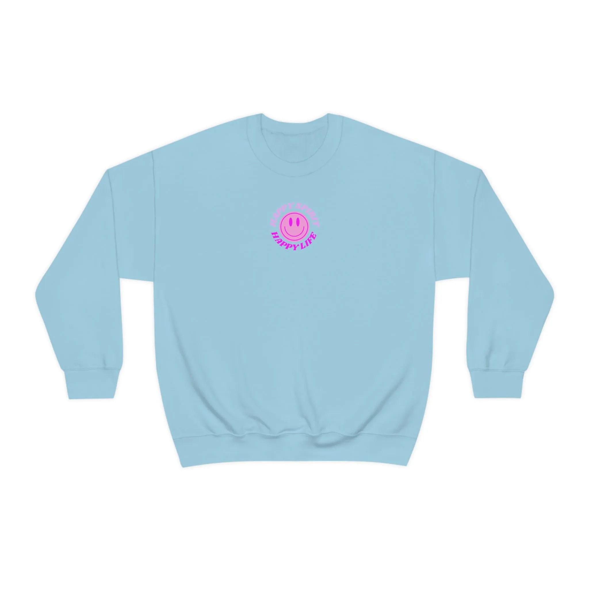 Happy Spirit Happy Life Sweatshirt, Gildan VSCO Girl Crewneck, Oversized Tumblr Front Back Print Smile Happy Mind Trendy Retro Surf Font