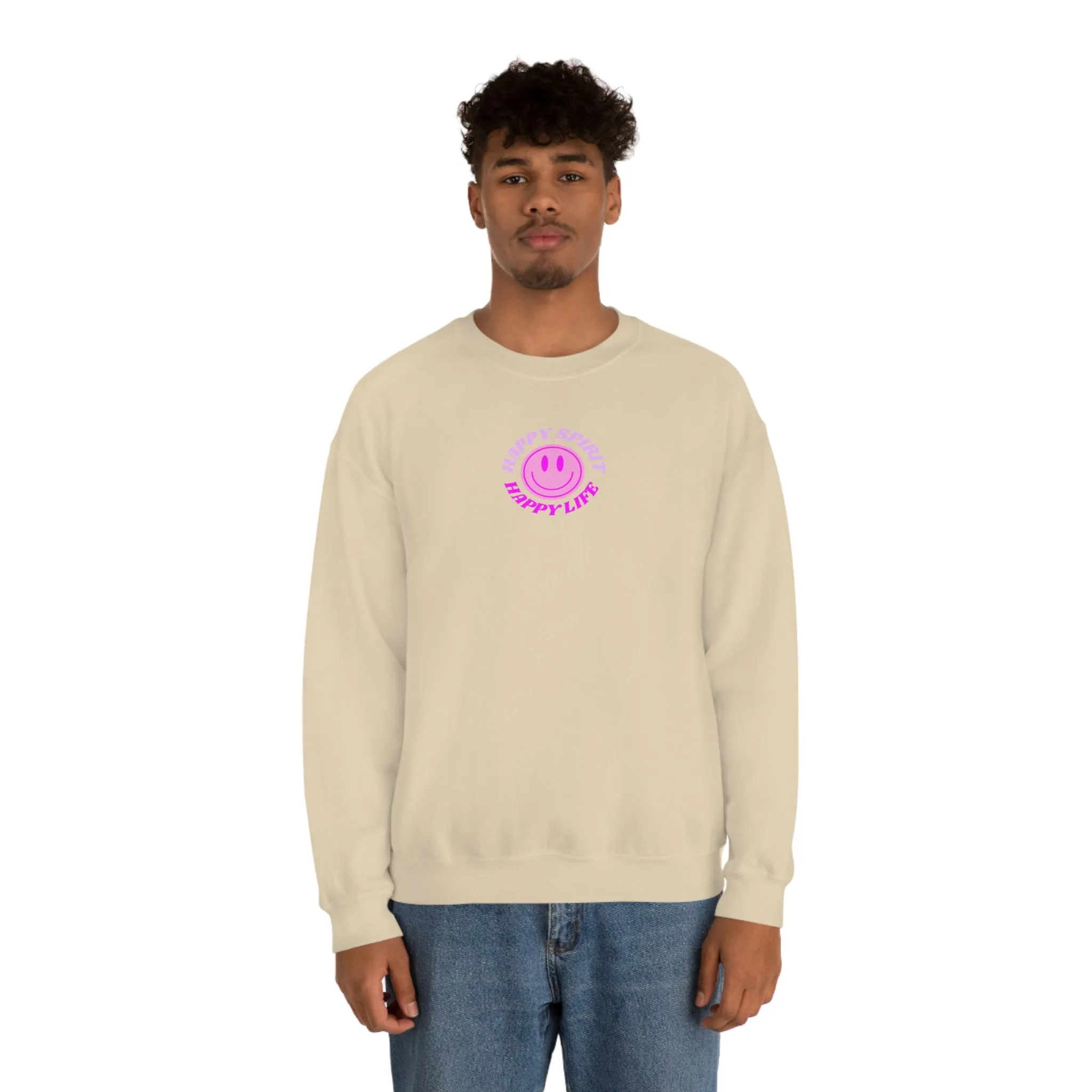 Happy Spirit Happy Life Sweatshirt, Gildan VSCO Girl Crewneck, Oversized Tumblr Front Back Print Smile Happy Mind Trendy Retro Surf Font