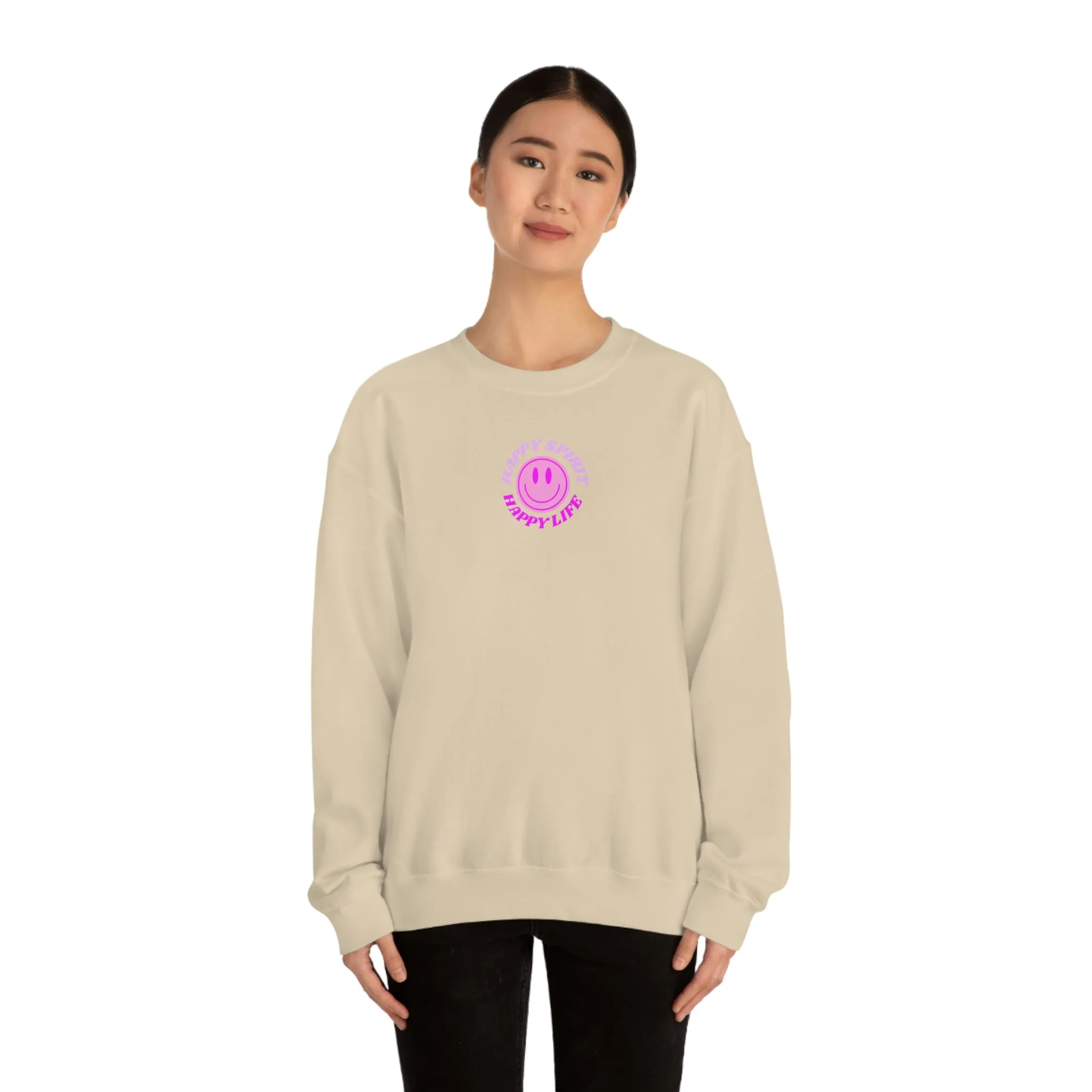 Happy Spirit Happy Life Sweatshirt, Gildan VSCO Girl Crewneck, Oversized Tumblr Front Back Print Smile Happy Mind Trendy Retro Surf Font