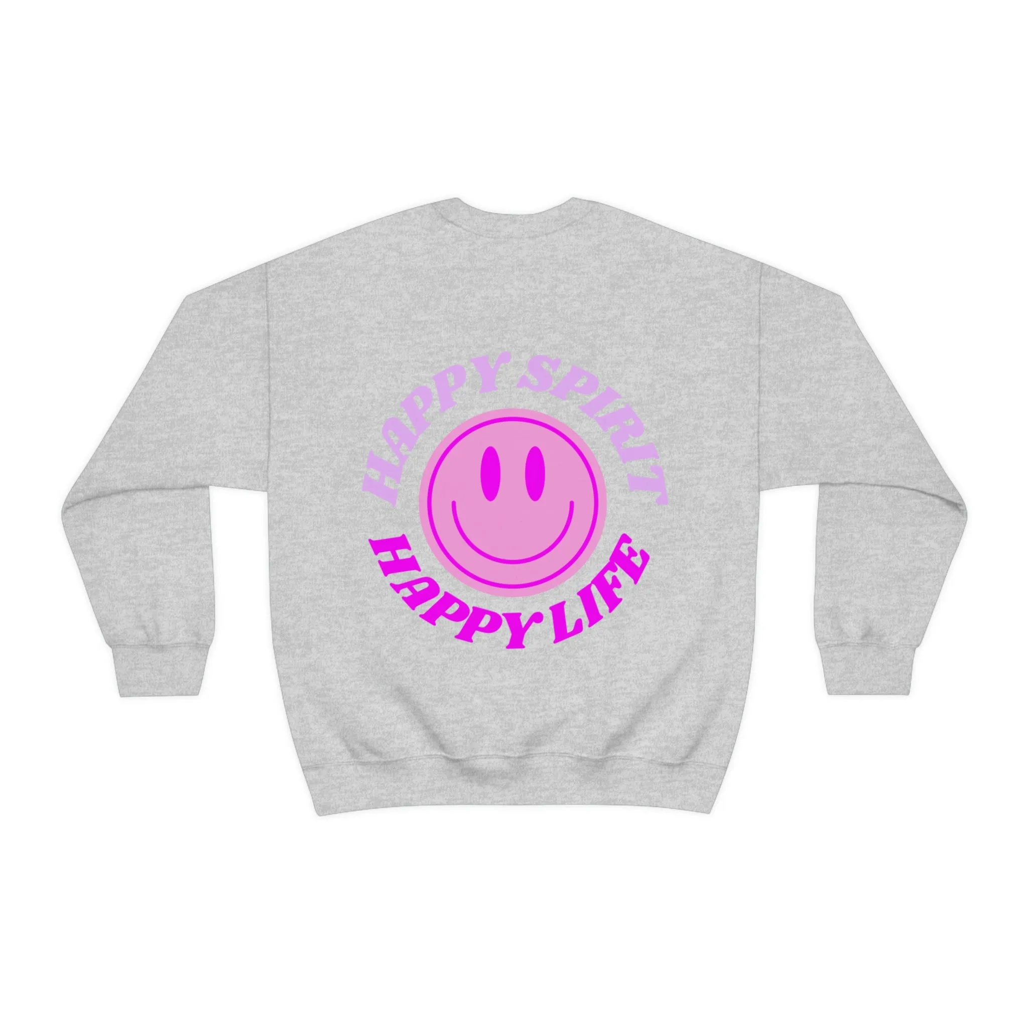 Happy Spirit Happy Life Sweatshirt, Gildan VSCO Girl Crewneck, Oversized Tumblr Front Back Print Smile Happy Mind Trendy Retro Surf Font