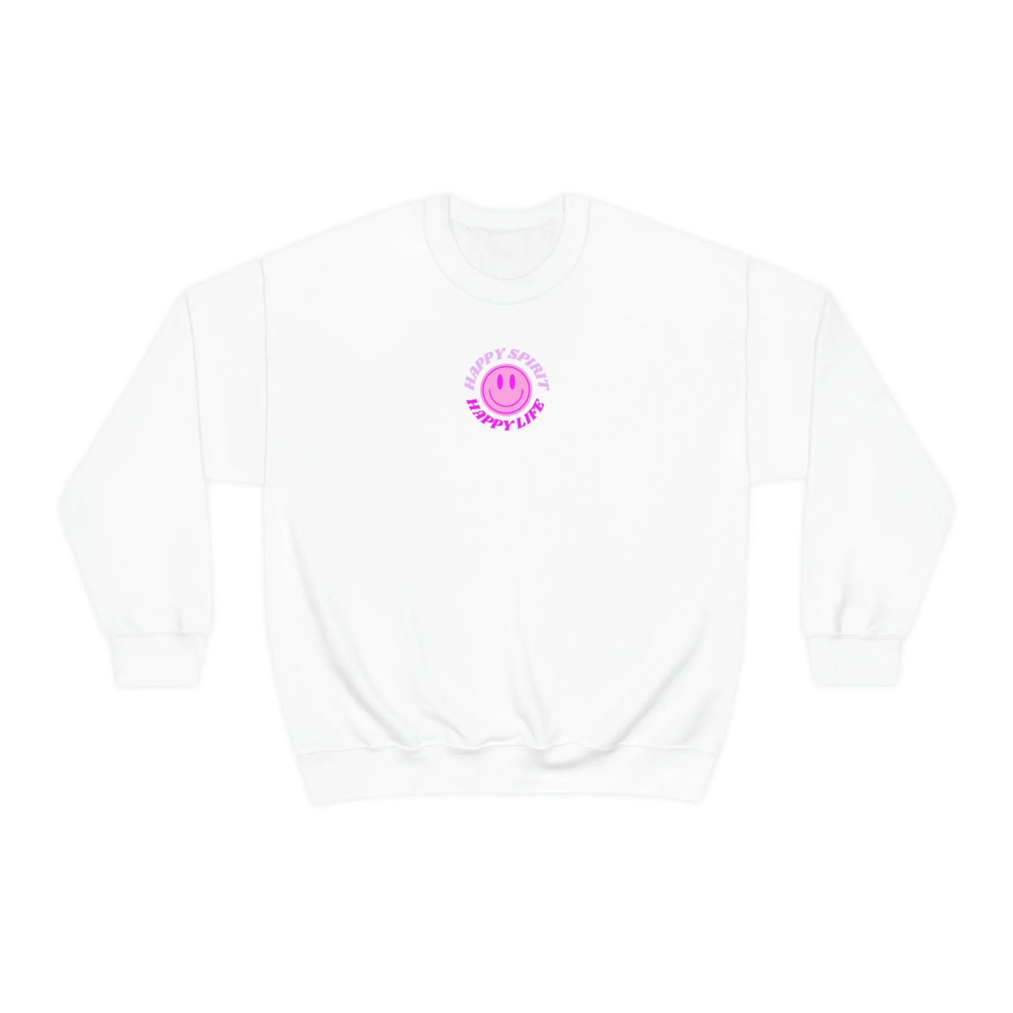Happy Spirit Happy Life Sweatshirt, Gildan VSCO Girl Crewneck, Oversized Tumblr Front Back Print Smile Happy Mind Trendy Retro Surf Font
