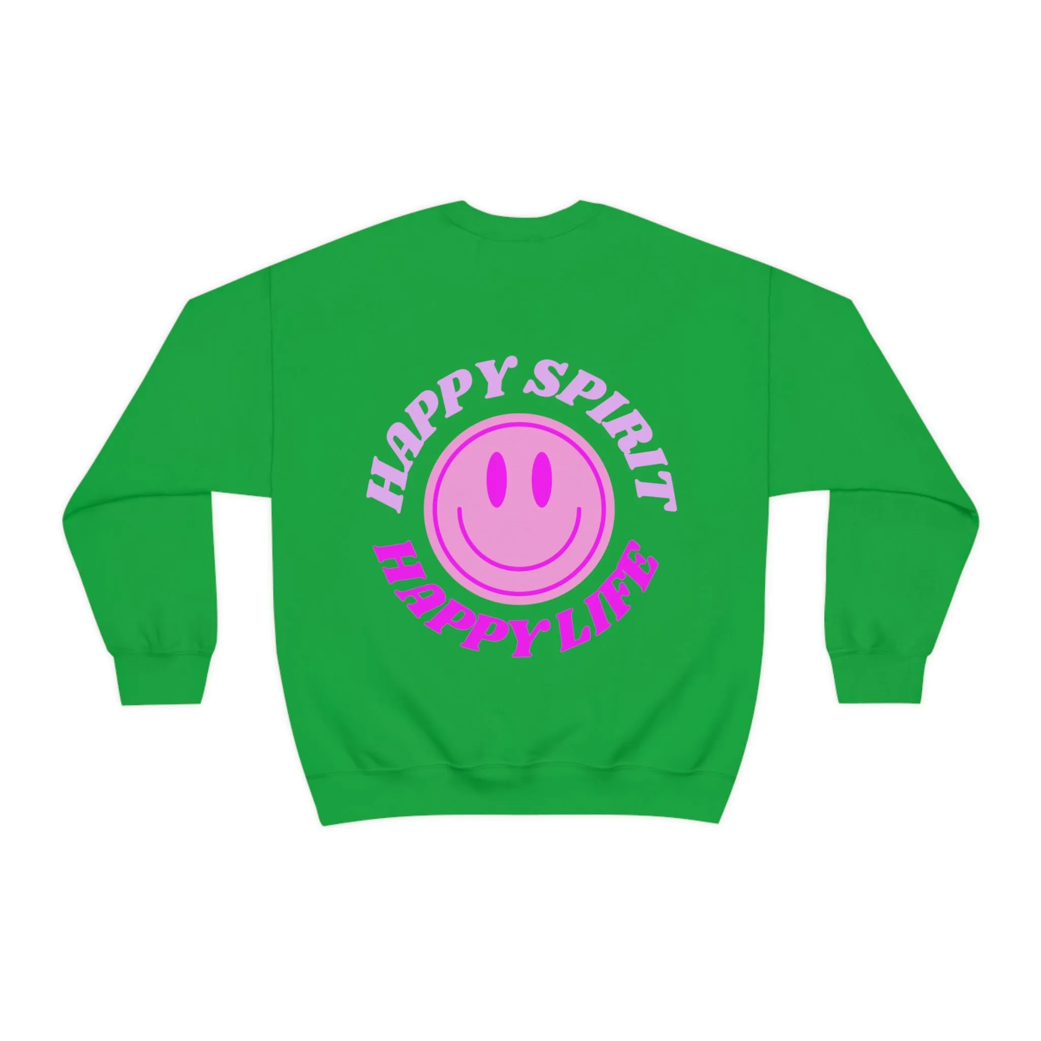 Happy Spirit Happy Life Sweatshirt, Gildan VSCO Girl Crewneck, Oversized Tumblr Front Back Print Smile Happy Mind Trendy Retro Surf Font