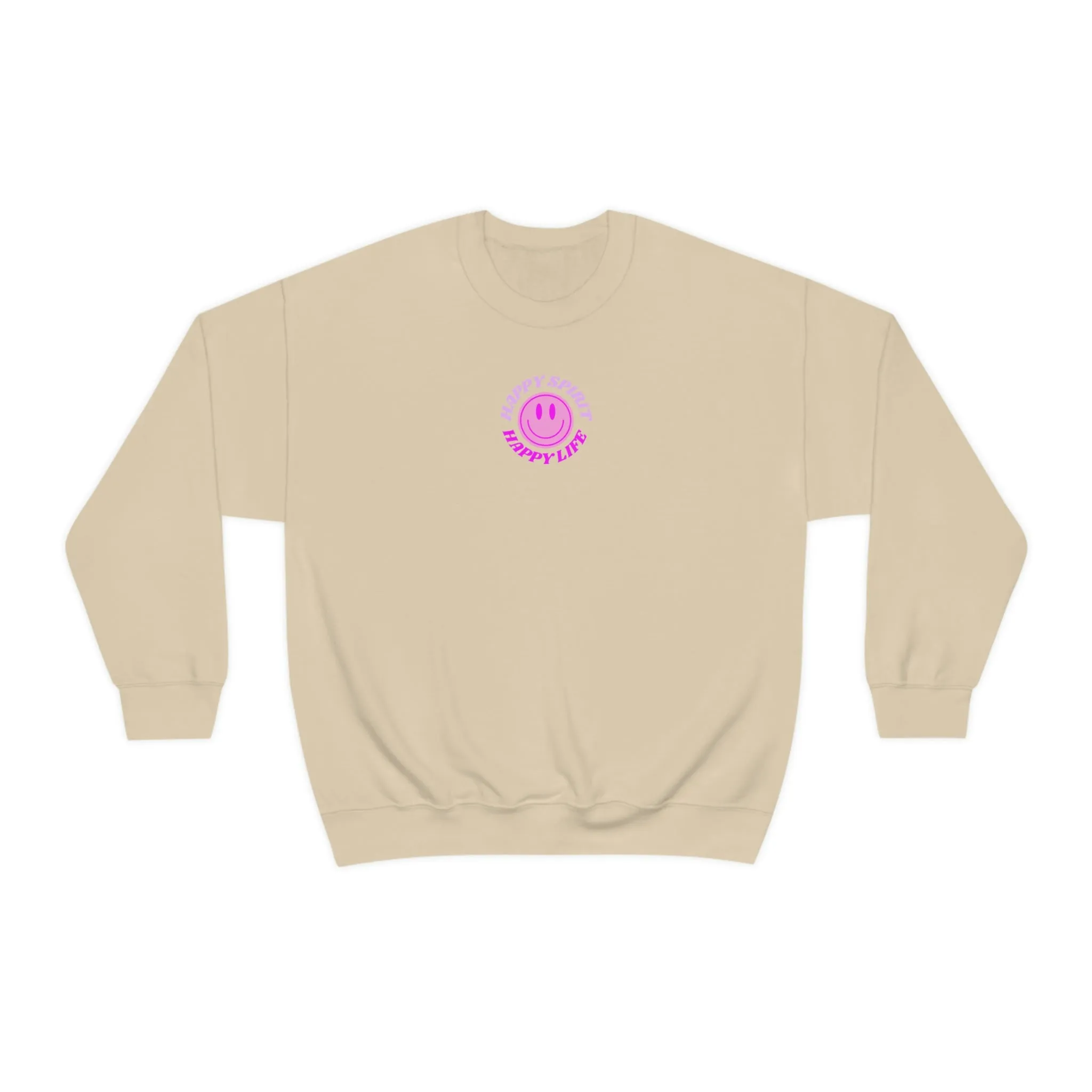 Happy Spirit Happy Life Sweatshirt, Gildan VSCO Girl Crewneck, Oversized Tumblr Front Back Print Smile Happy Mind Trendy Retro Surf Font