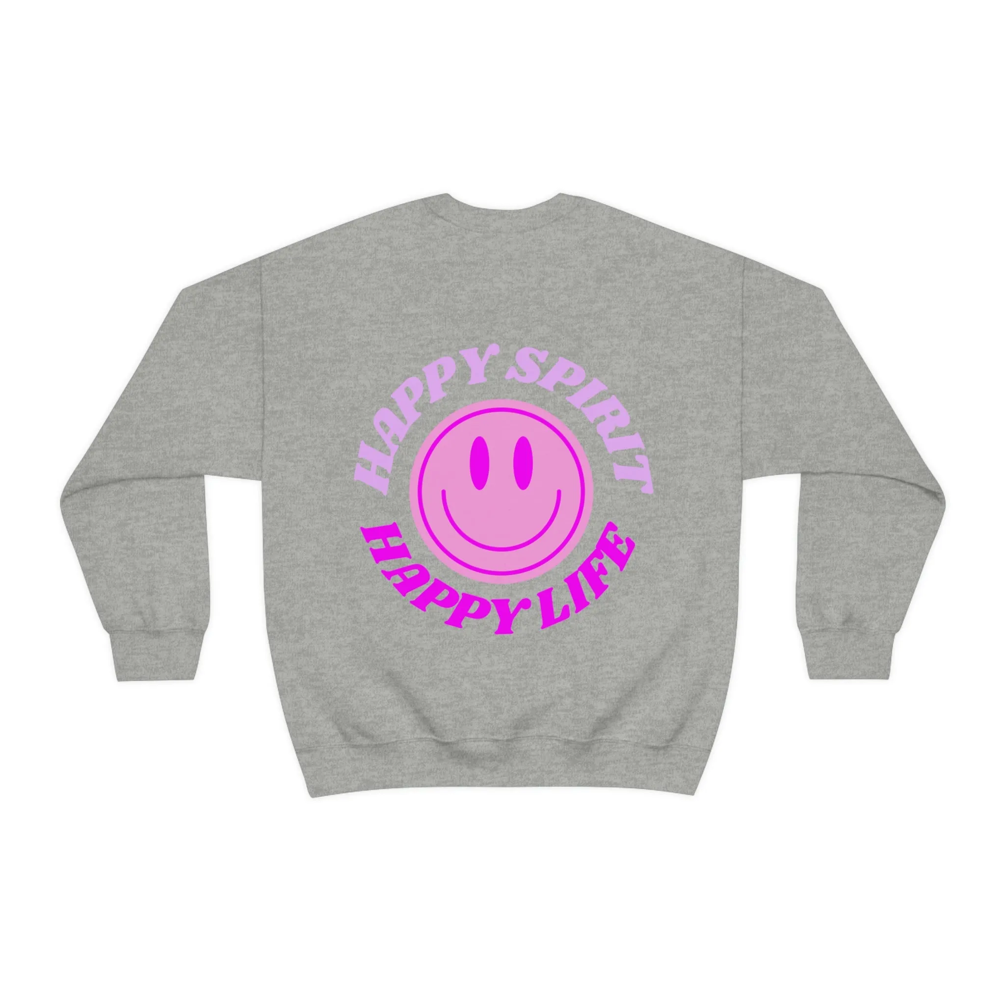 Happy Spirit Happy Life Sweatshirt, Gildan VSCO Girl Crewneck, Oversized Tumblr Front Back Print Smile Happy Mind Trendy Retro Surf Font