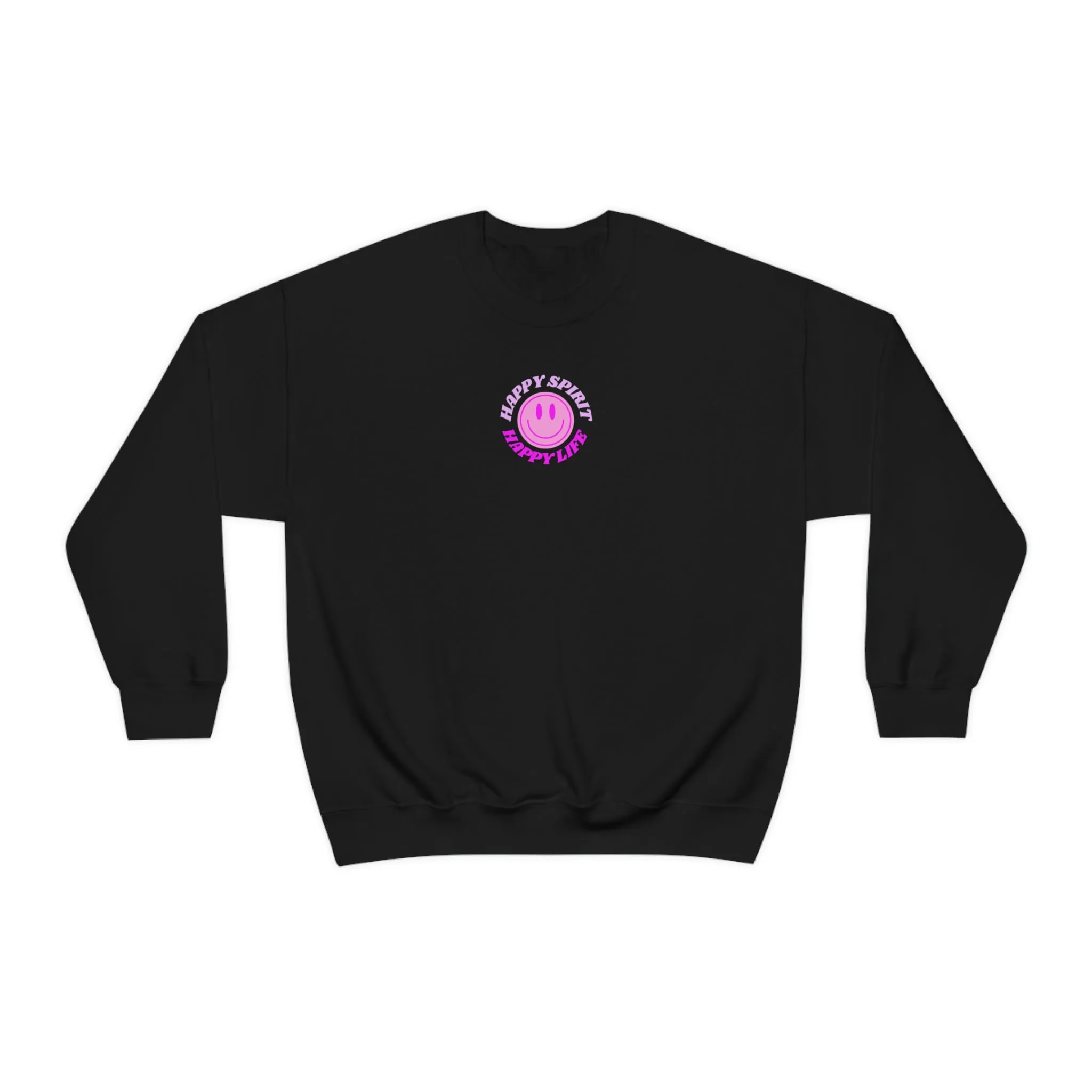 Happy Spirit Happy Life Sweatshirt, Gildan VSCO Girl Crewneck, Oversized Tumblr Front Back Print Smile Happy Mind Trendy Retro Surf Font