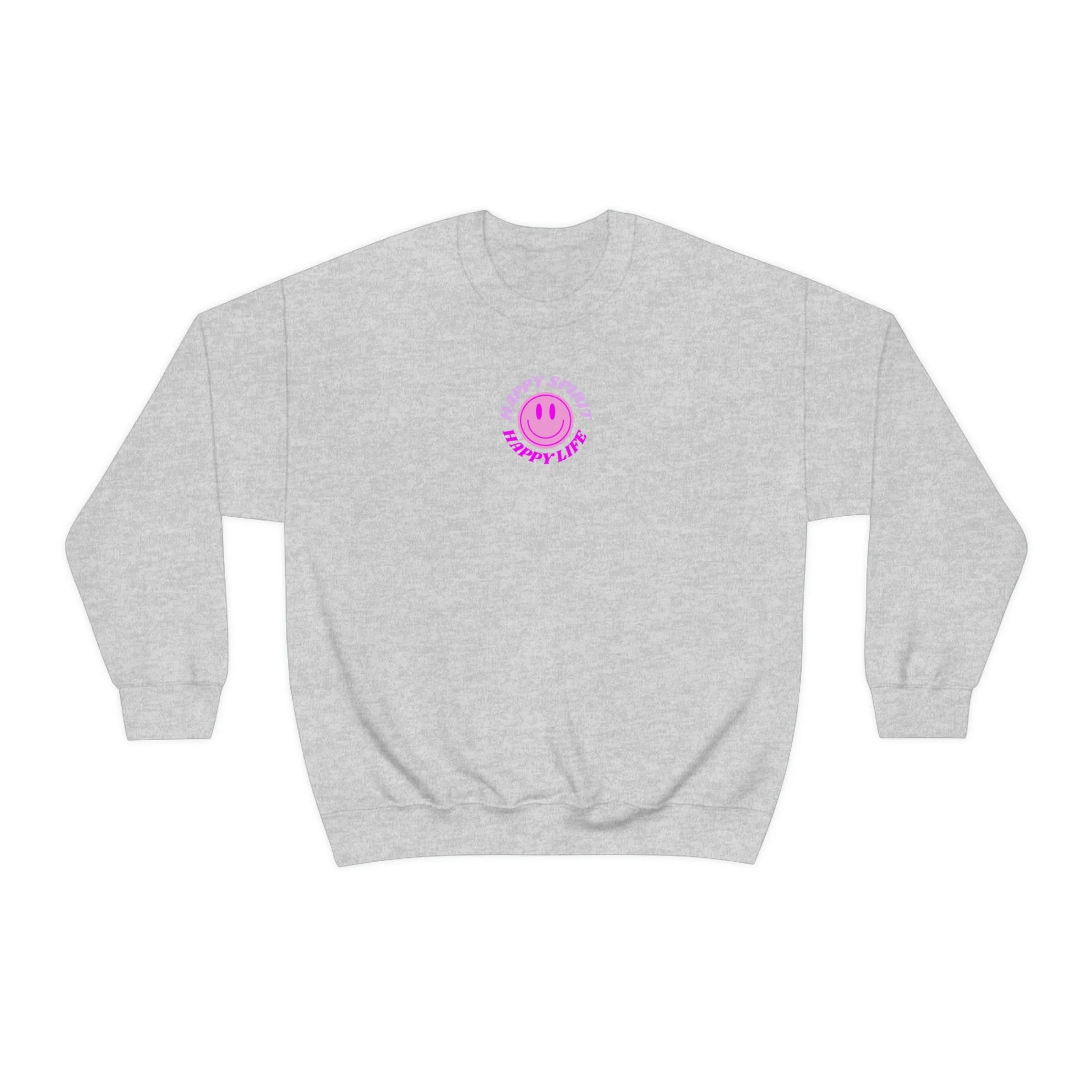 Happy Spirit Happy Life Sweatshirt, Gildan VSCO Girl Crewneck, Oversized Tumblr Front Back Print Smile Happy Mind Trendy Retro Surf Font
