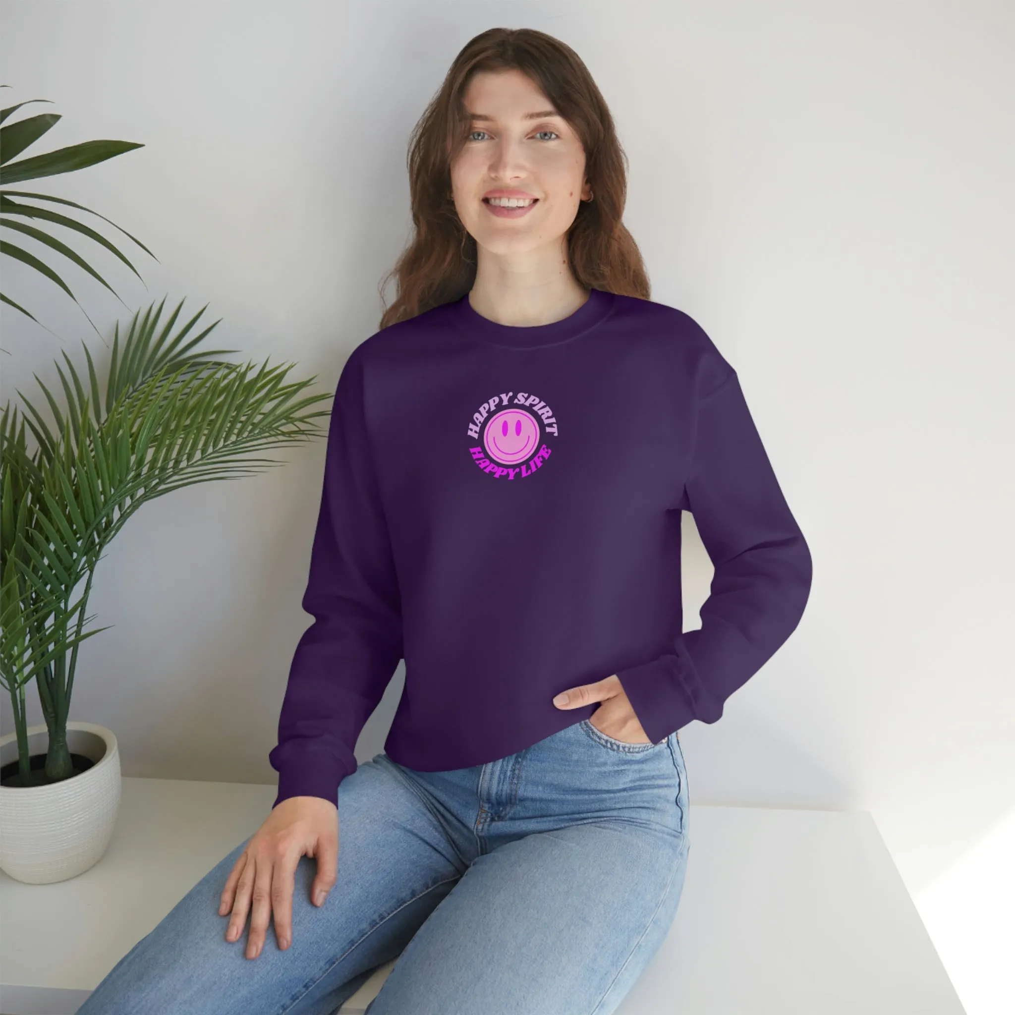 Happy Spirit Happy Life Sweatshirt, Gildan VSCO Girl Crewneck, Oversized Tumblr Front Back Print Smile Happy Mind Trendy Retro Surf Font
