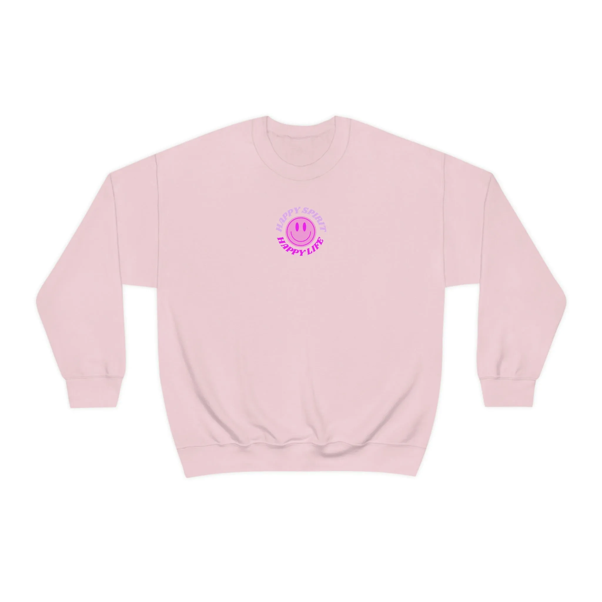 Happy Spirit Happy Life Sweatshirt, Gildan VSCO Girl Crewneck, Oversized Tumblr Front Back Print Smile Happy Mind Trendy Retro Surf Font
