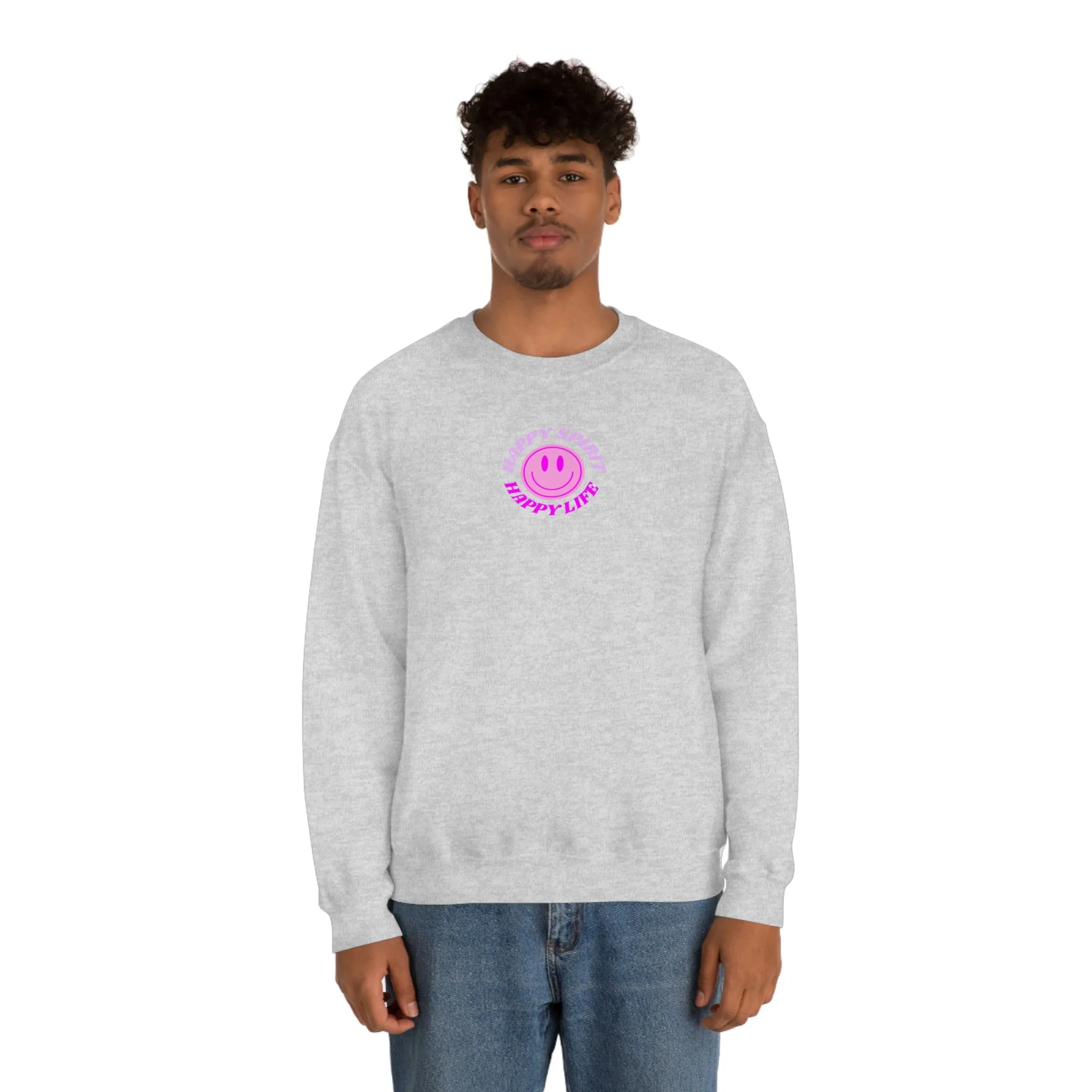 Happy Spirit Happy Life Sweatshirt, Gildan VSCO Girl Crewneck, Oversized Tumblr Front Back Print Smile Happy Mind Trendy Retro Surf Font