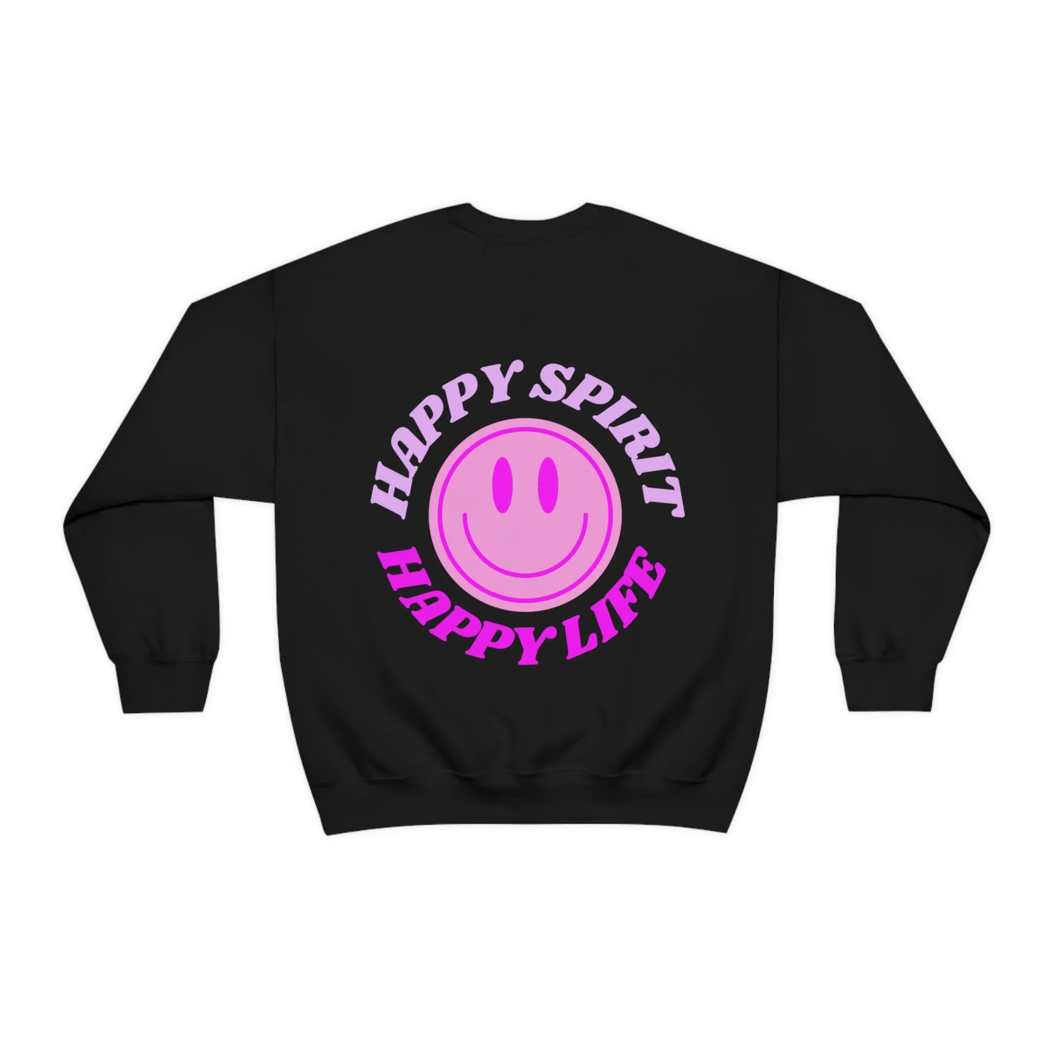 Happy Spirit Happy Life Sweatshirt, Gildan VSCO Girl Crewneck, Oversized Tumblr Front Back Print Smile Happy Mind Trendy Retro Surf Font