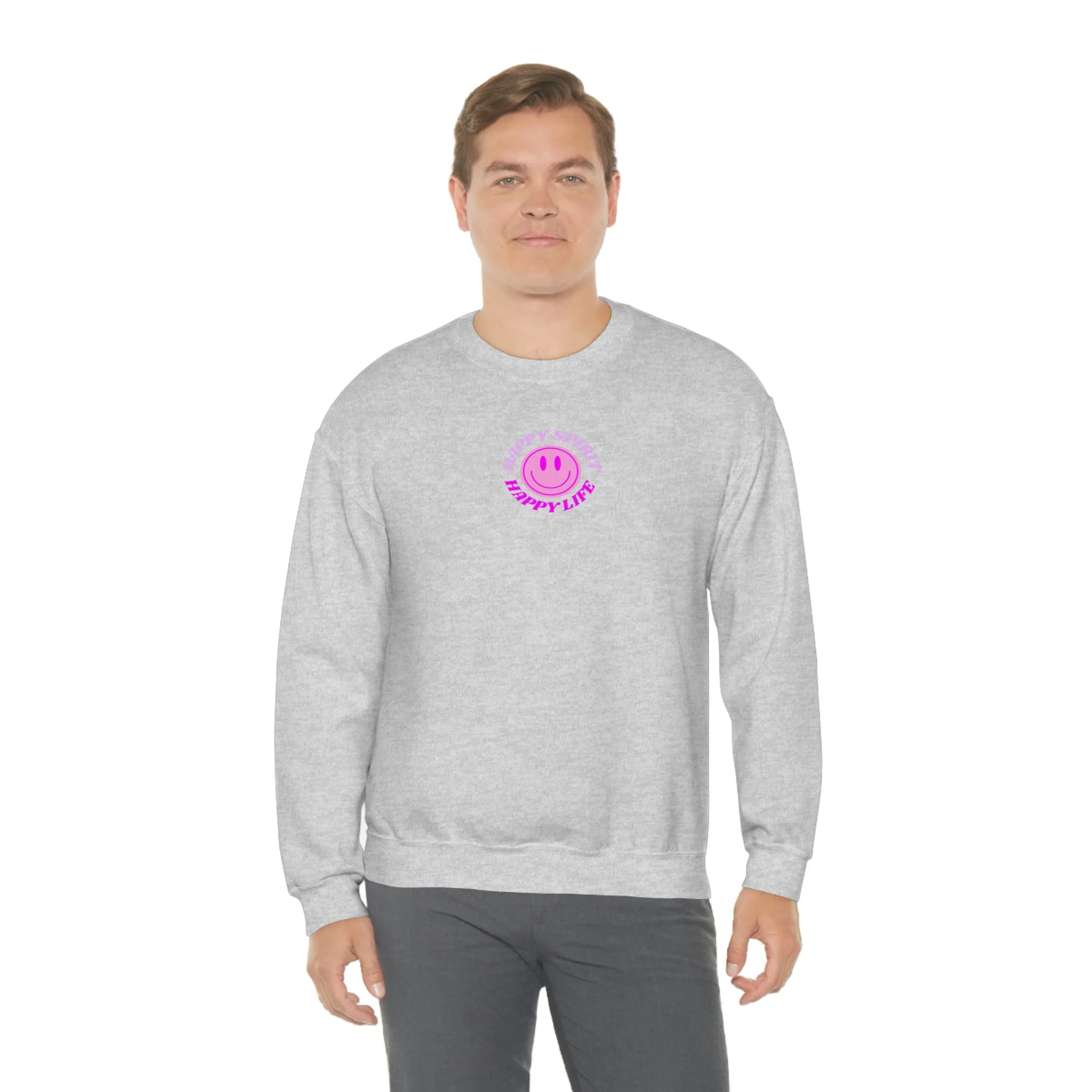 Happy Spirit Happy Life Sweatshirt, Gildan VSCO Girl Crewneck, Oversized Tumblr Front Back Print Smile Happy Mind Trendy Retro Surf Font