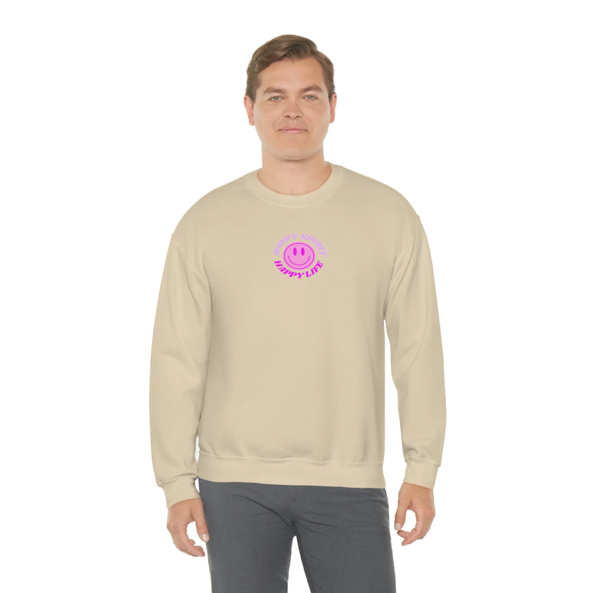 Happy Spirit Happy Life Sweatshirt, Gildan VSCO Girl Crewneck, Oversized Tumblr Front Back Print Smile Happy Mind Trendy Retro Surf Font