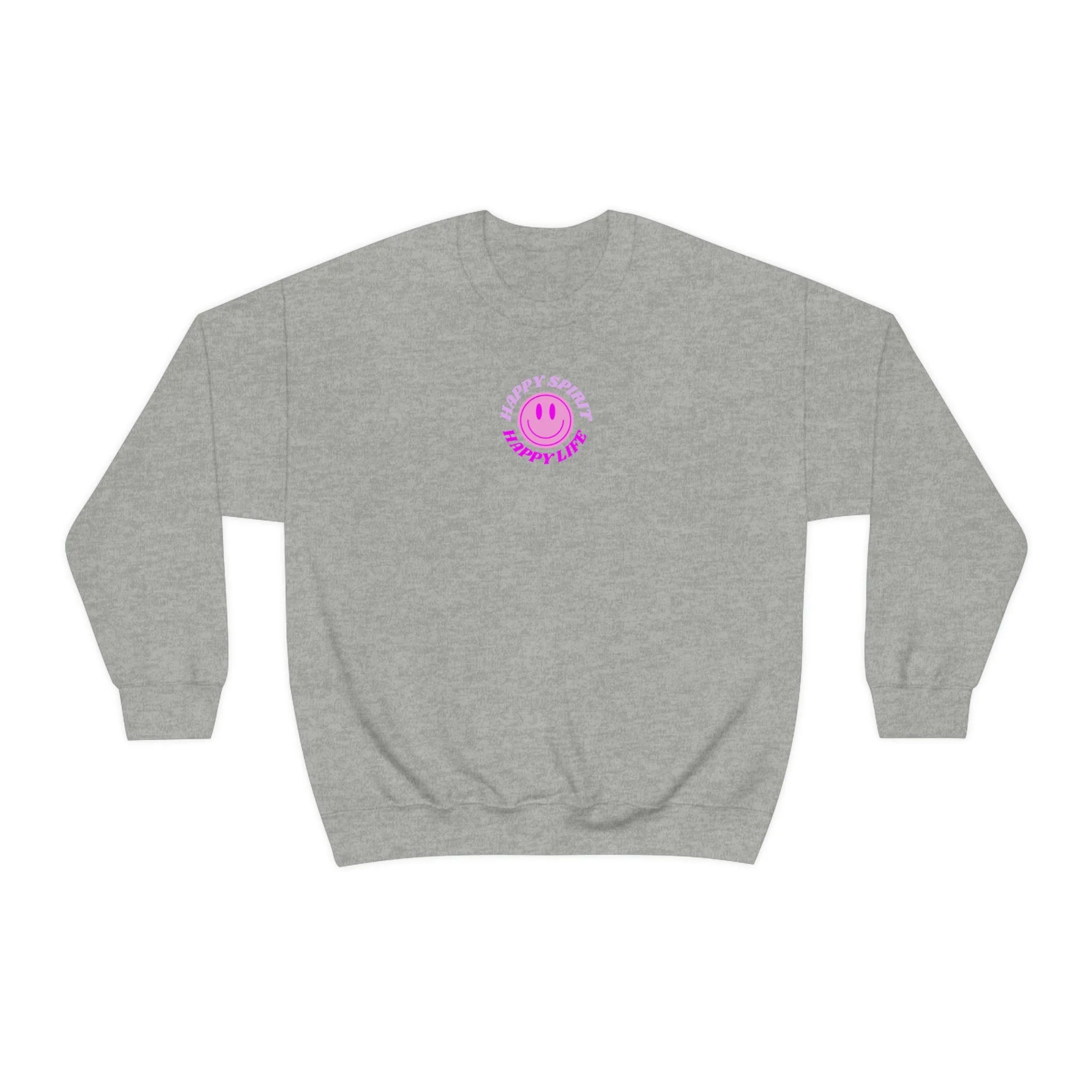 Happy Spirit Happy Life Sweatshirt, Gildan VSCO Girl Crewneck, Oversized Tumblr Front Back Print Smile Happy Mind Trendy Retro Surf Font