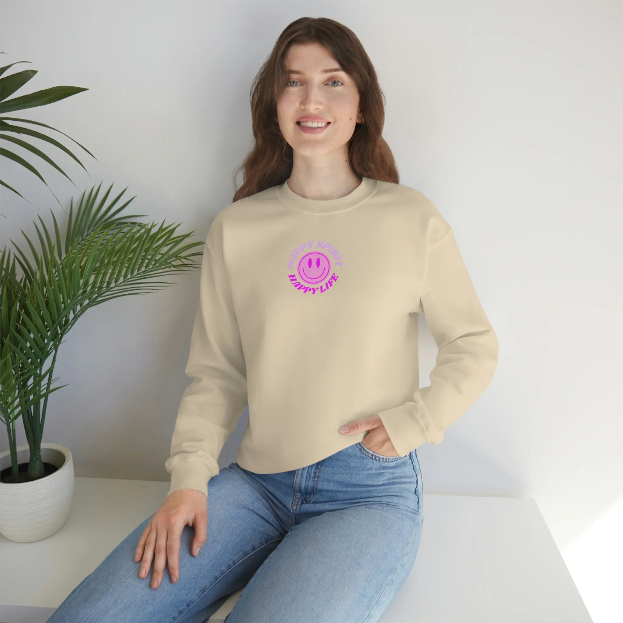 Happy Spirit Happy Life Sweatshirt, Gildan VSCO Girl Crewneck, Oversized Tumblr Front Back Print Smile Happy Mind Trendy Retro Surf Font