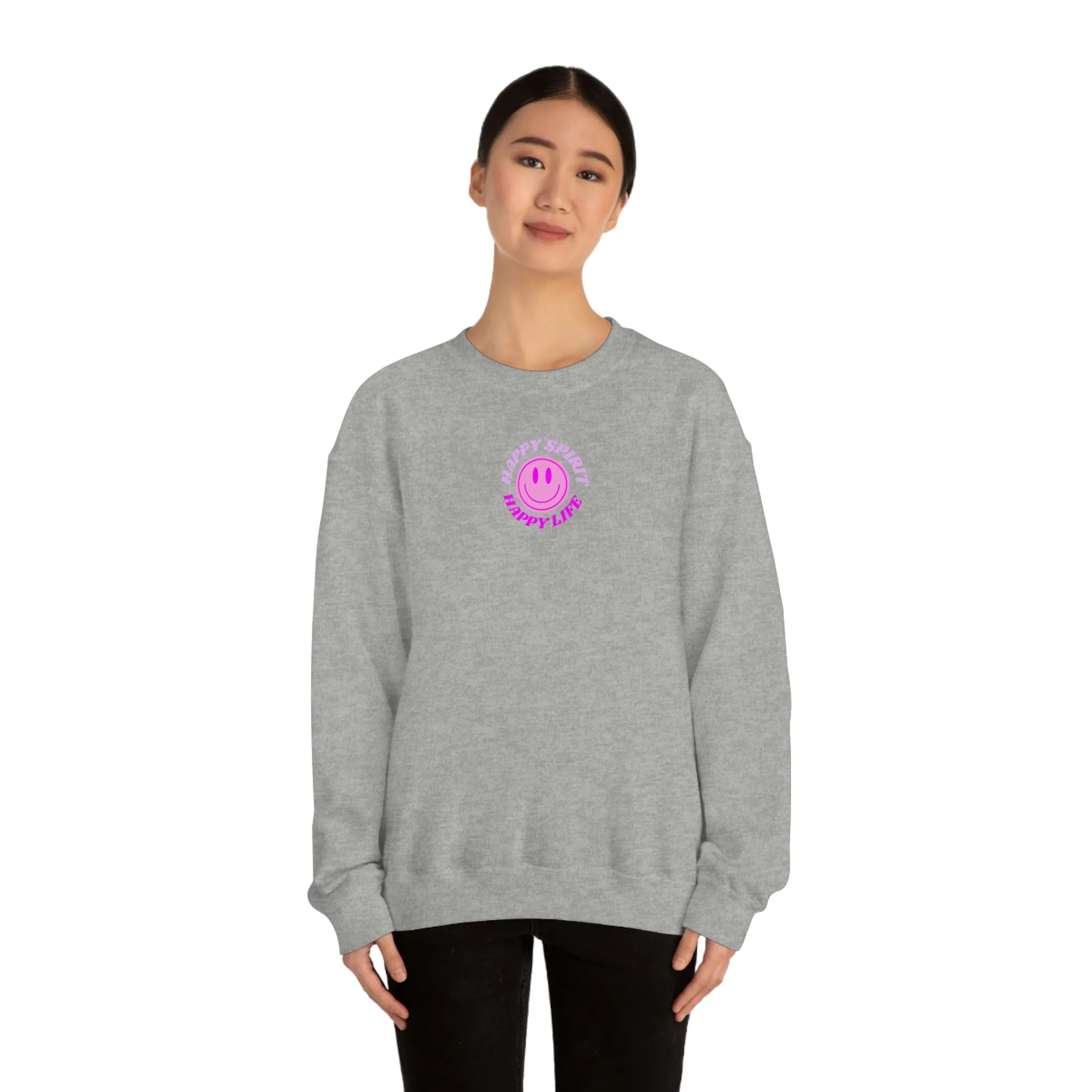 Happy Spirit Happy Life Sweatshirt, Gildan VSCO Girl Crewneck, Oversized Tumblr Front Back Print Smile Happy Mind Trendy Retro Surf Font