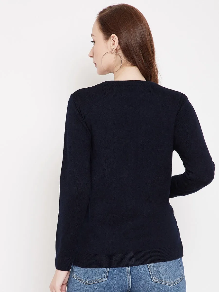 Livfree V-Neck Full Sleeves Solid Cardigan With Front Pockets For Women-Navy