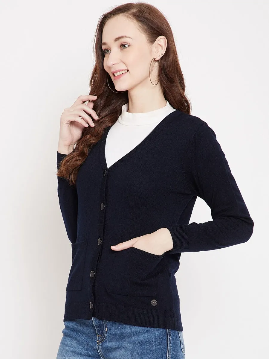 Livfree V-Neck Full Sleeves Solid Cardigan With Front Pockets For Women-Navy