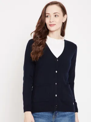 Livfree V-Neck Full Sleeves Solid Cardigan With Front Pockets For Women-Navy