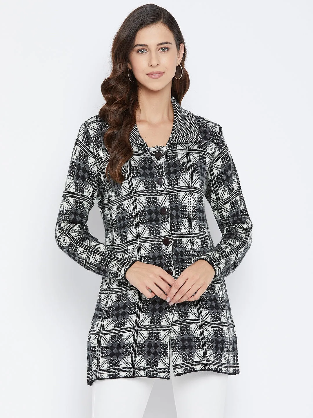 Livfree Women's Collar neck Full-Sleeves Jaquard Cardigans - Dark Grey