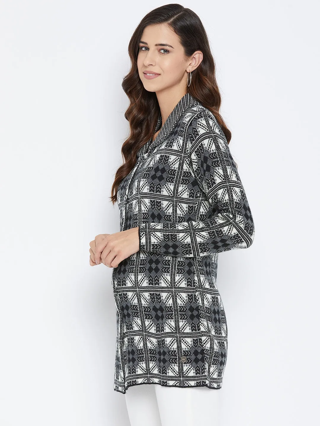 Livfree Women's Collar neck Full-Sleeves Jaquard Cardigans - Dark Grey