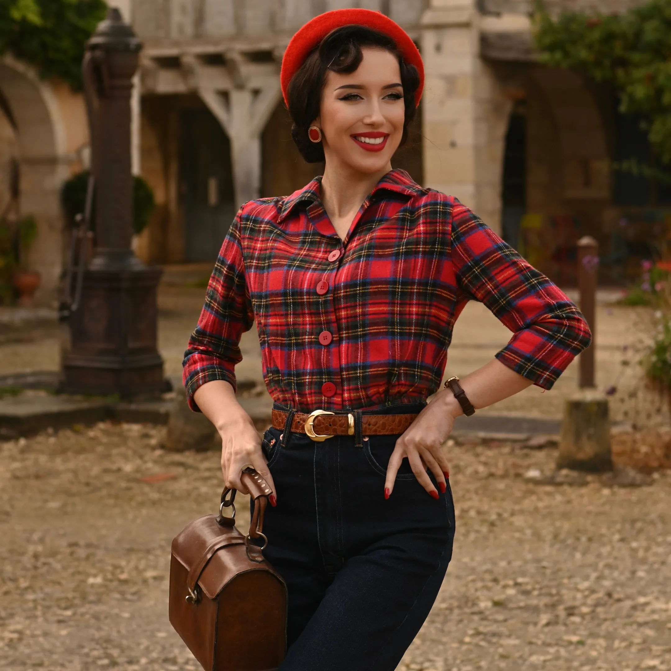 Marion Blouse in Red Plaid Tartan