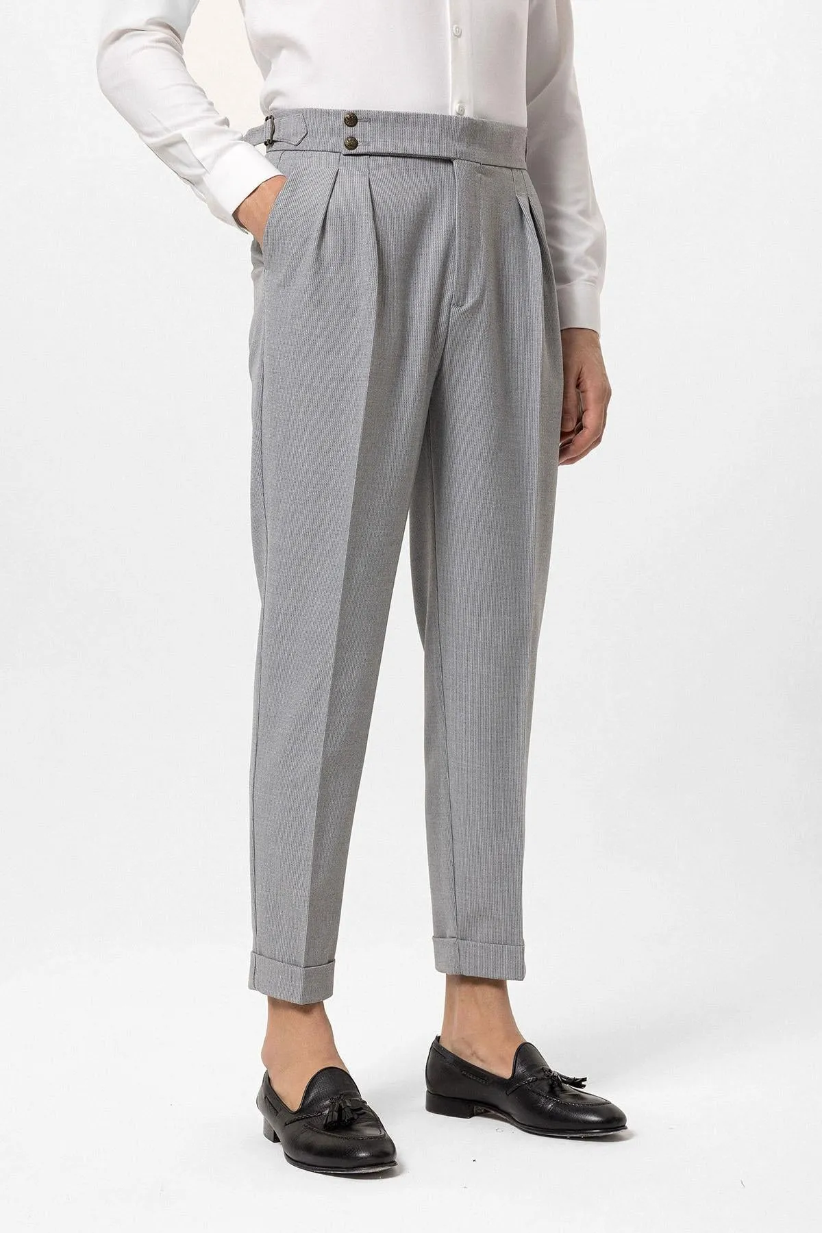 Men's Grey High Waist Side Buckled Pleated Fabric Trousers - Wessi